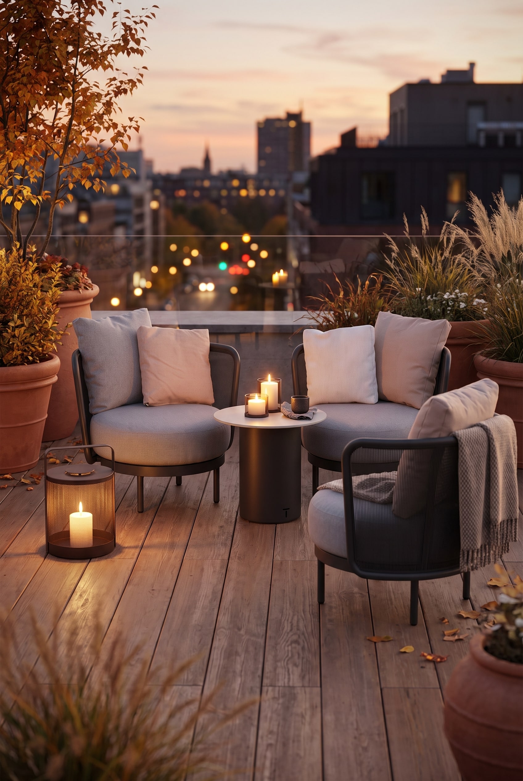 Trois fauteuils club d'ext&eacute;rieur ronds avec des coussins d'assise volumineux dispos&eacute;s en cercle sur une terrasse en bois