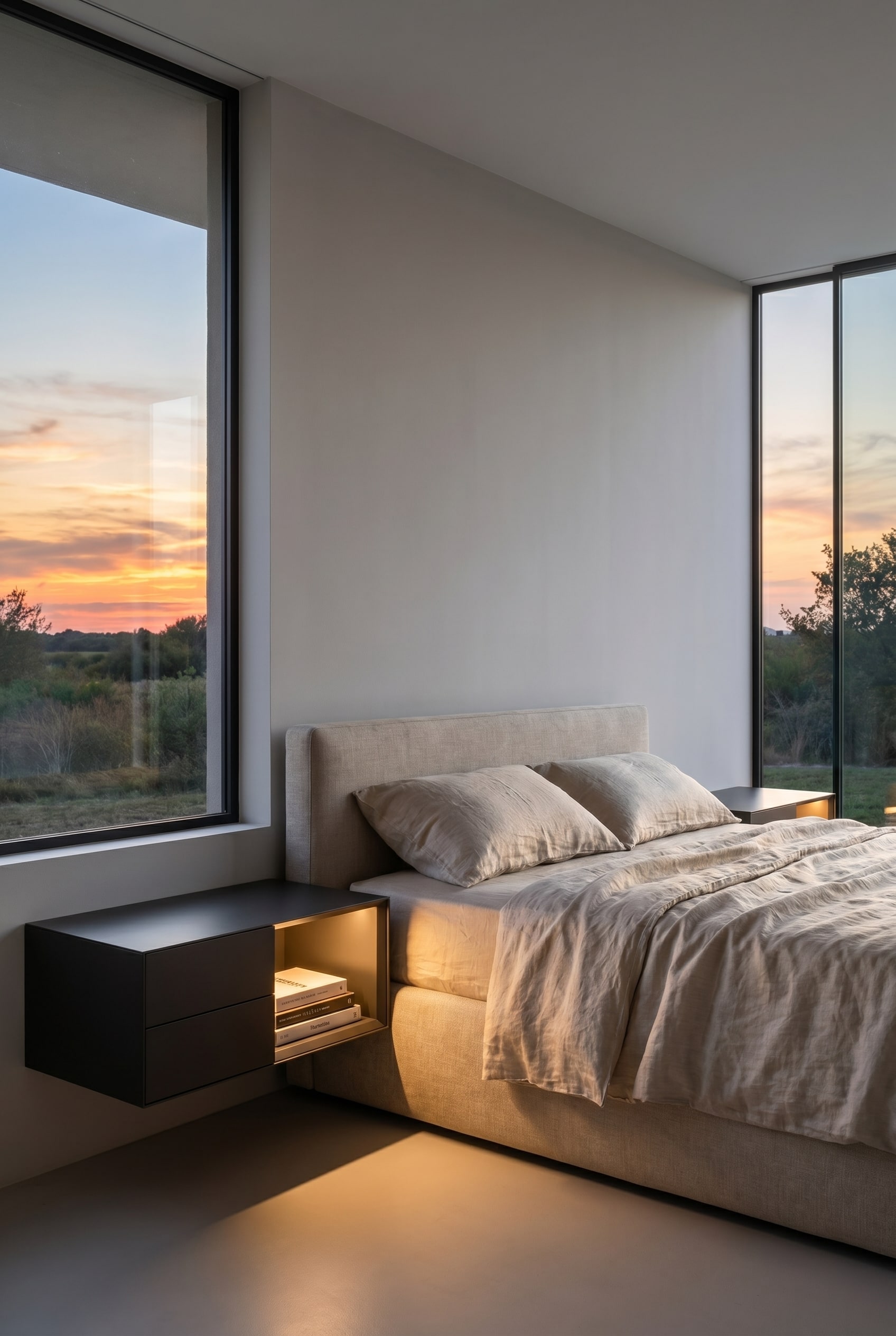 Hanging Livitalia Ecletto Open Nightstand with open niche next to a box spring bed Hanging Livitalia Ecletto Open Nightstand with open niche next to a box spring bed