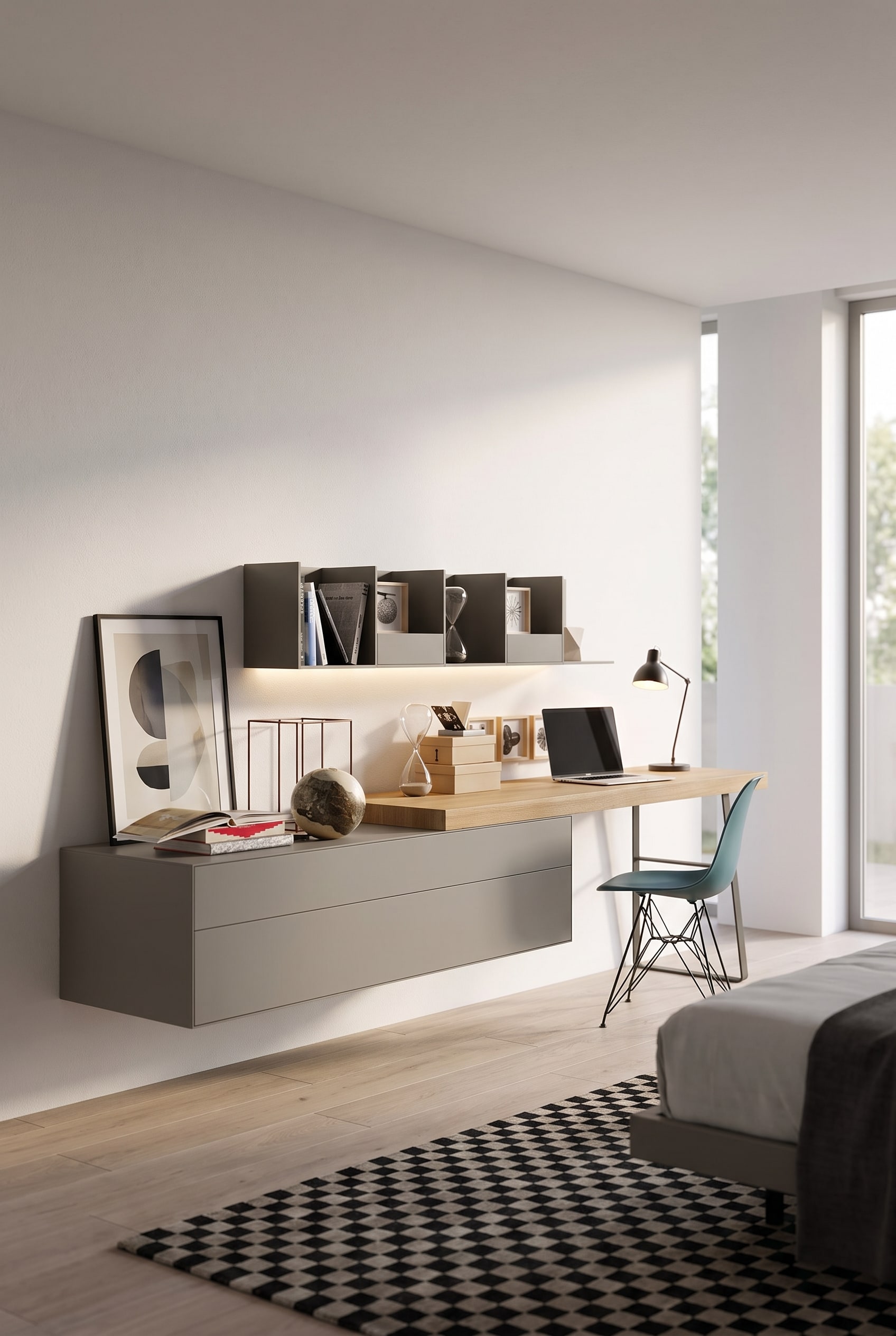 Moderne woonkamer met een zwevend wandgemonteerd bureau van licht eikenhout, een minimalistische stoel en een kunstdruk aan de muur.
