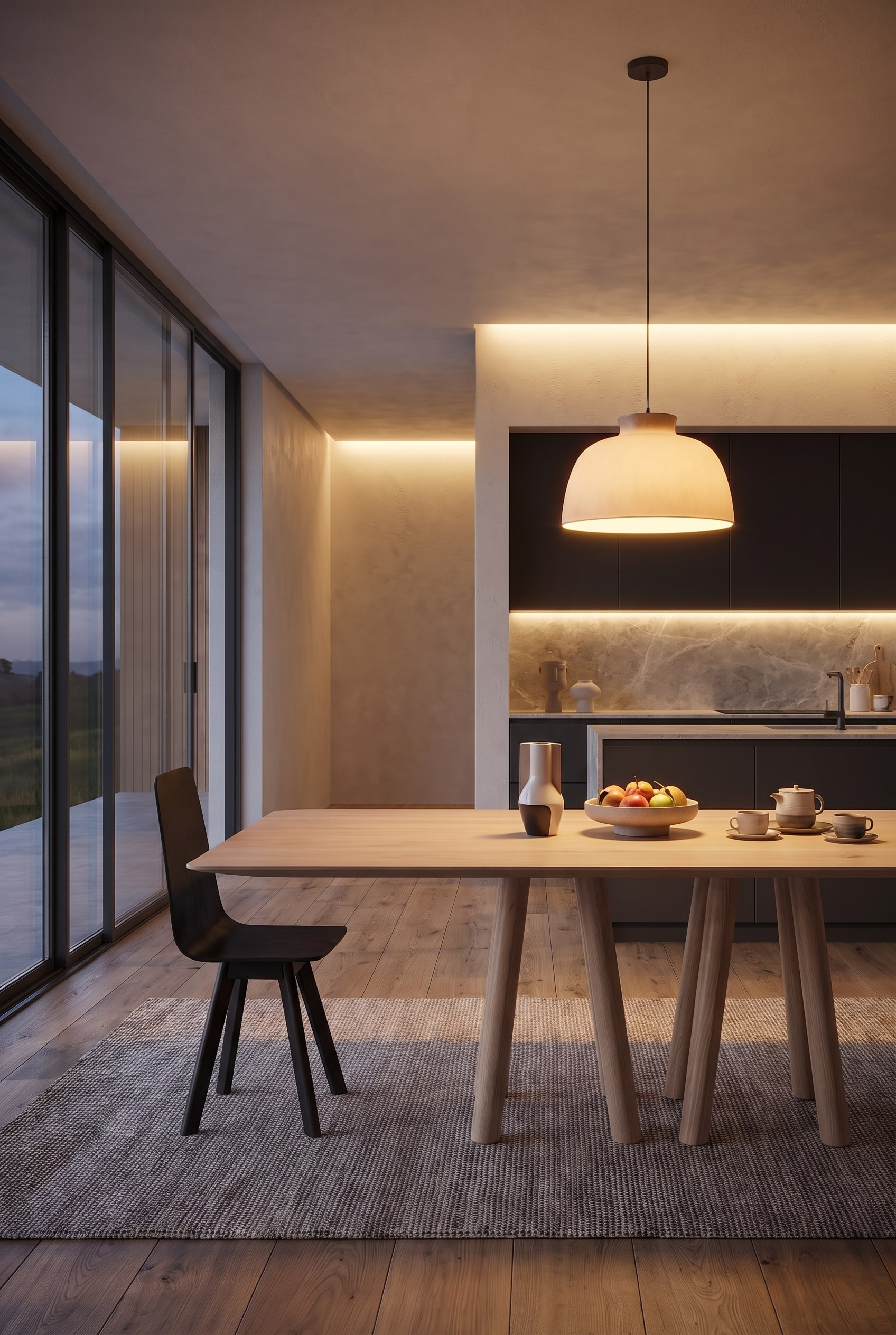 Ein eleganter Essbereich in einer offenen Wohnküche, bei dem sich Farben und Materialien sanft vom Küchenbereich zum Wohnraum verbinden. Ein eleganter Essbereich in einer offenen Wohnküche, bei dem sich Farben und Materialien sanft vom Küchenbereich zum Wohnraum verbinden.