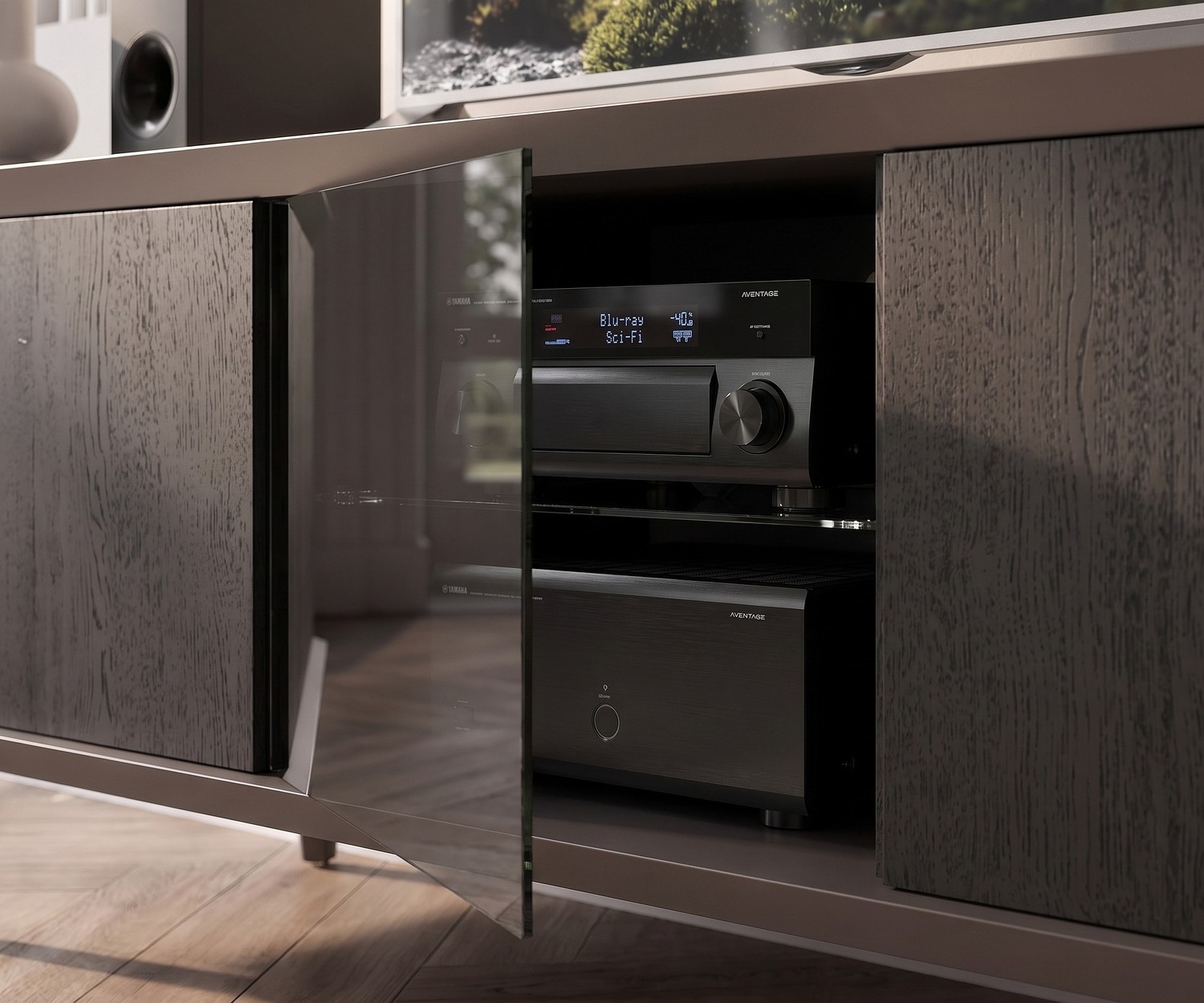 Ozzio Brera TV media lowboard in modern living room. Stylish walnut TV cabinet with smoked glass door and storage space.