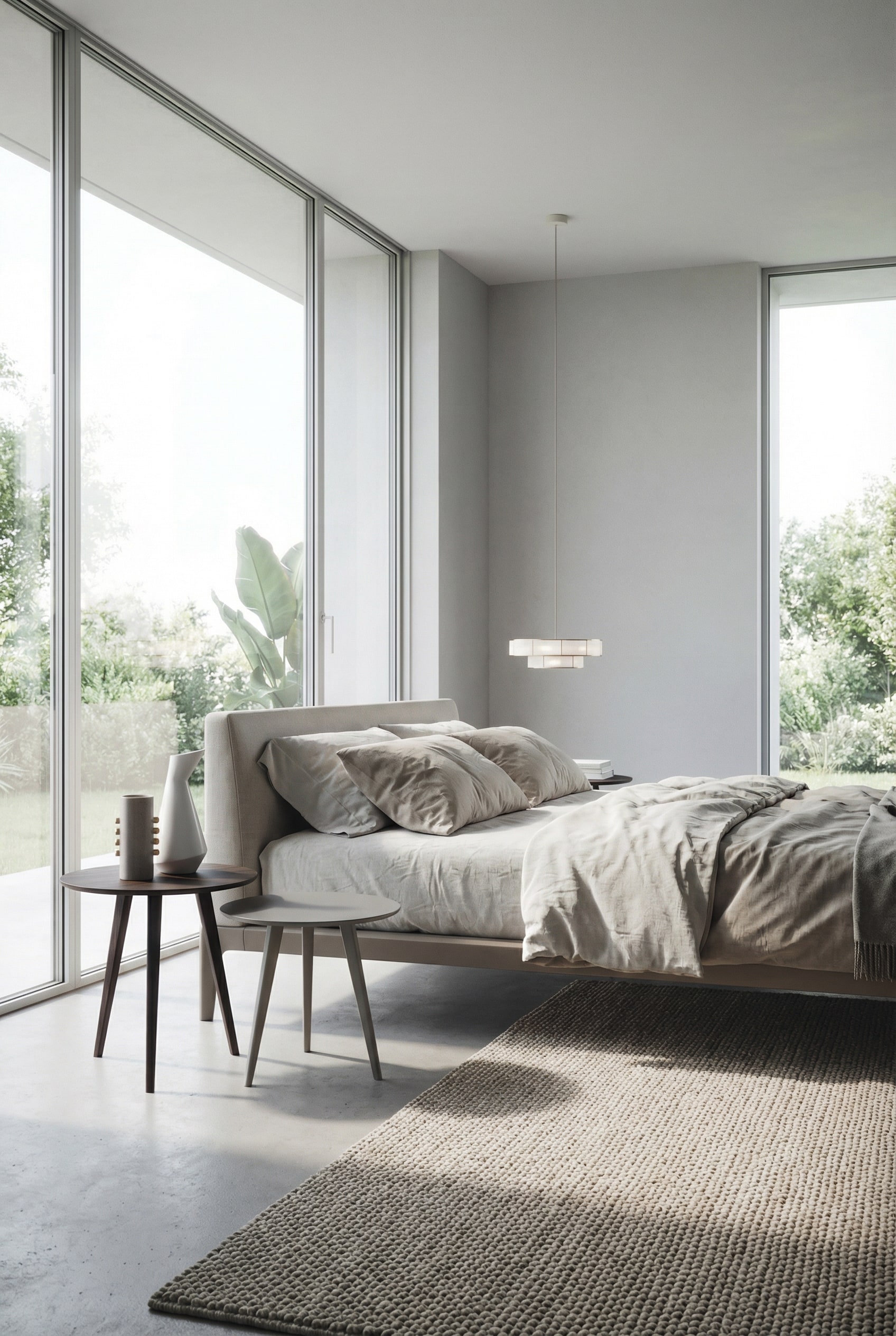 Novamobili Trio side table with three legs in a modern bedroom Novamobili Trio side table with three legs in a modern bedroom