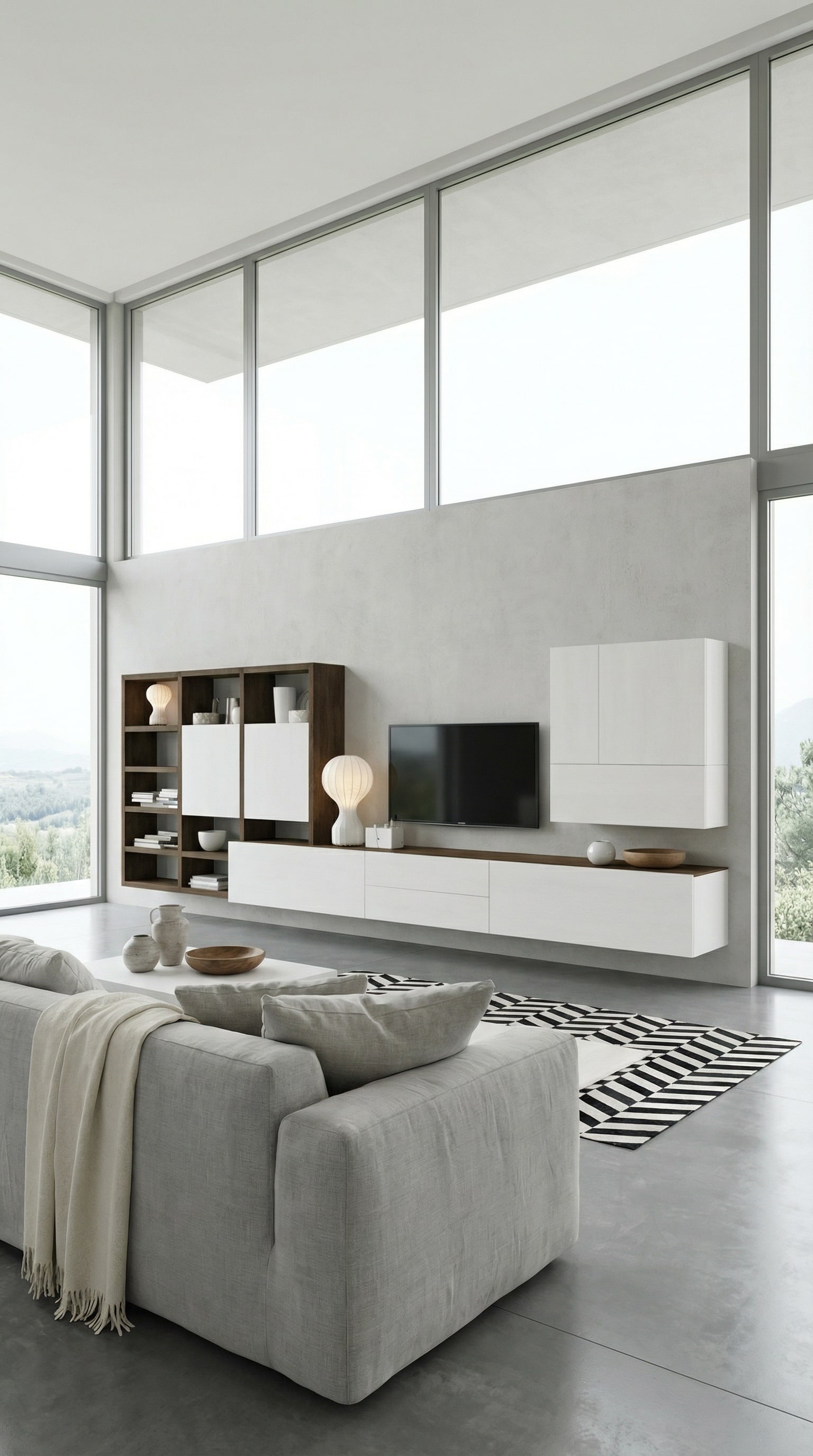 White Modern Country Style Wall Unit with Light Wood Elements