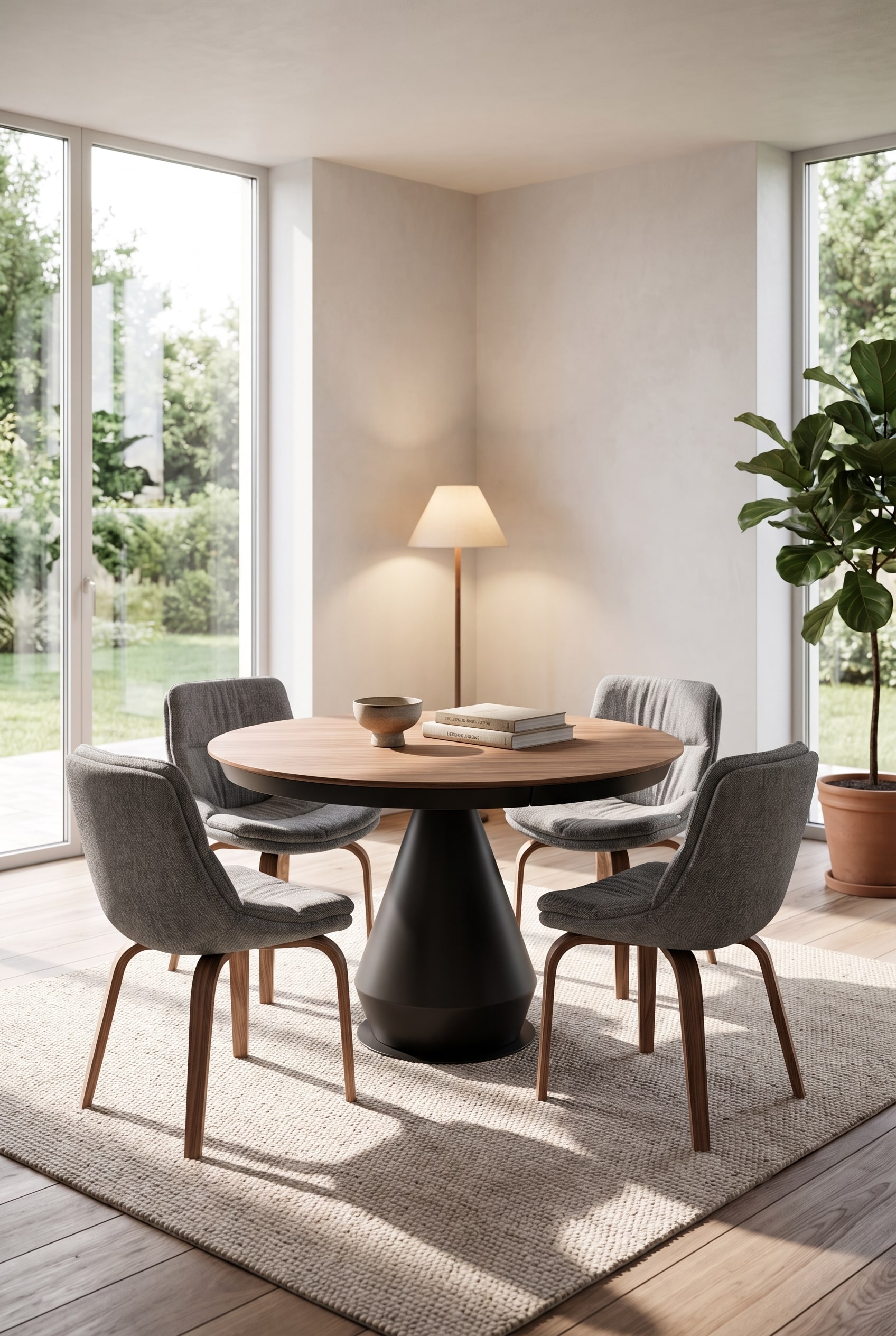 Bright dining room with round solid wood table, upholstered dining chairs, and ceramic bowl