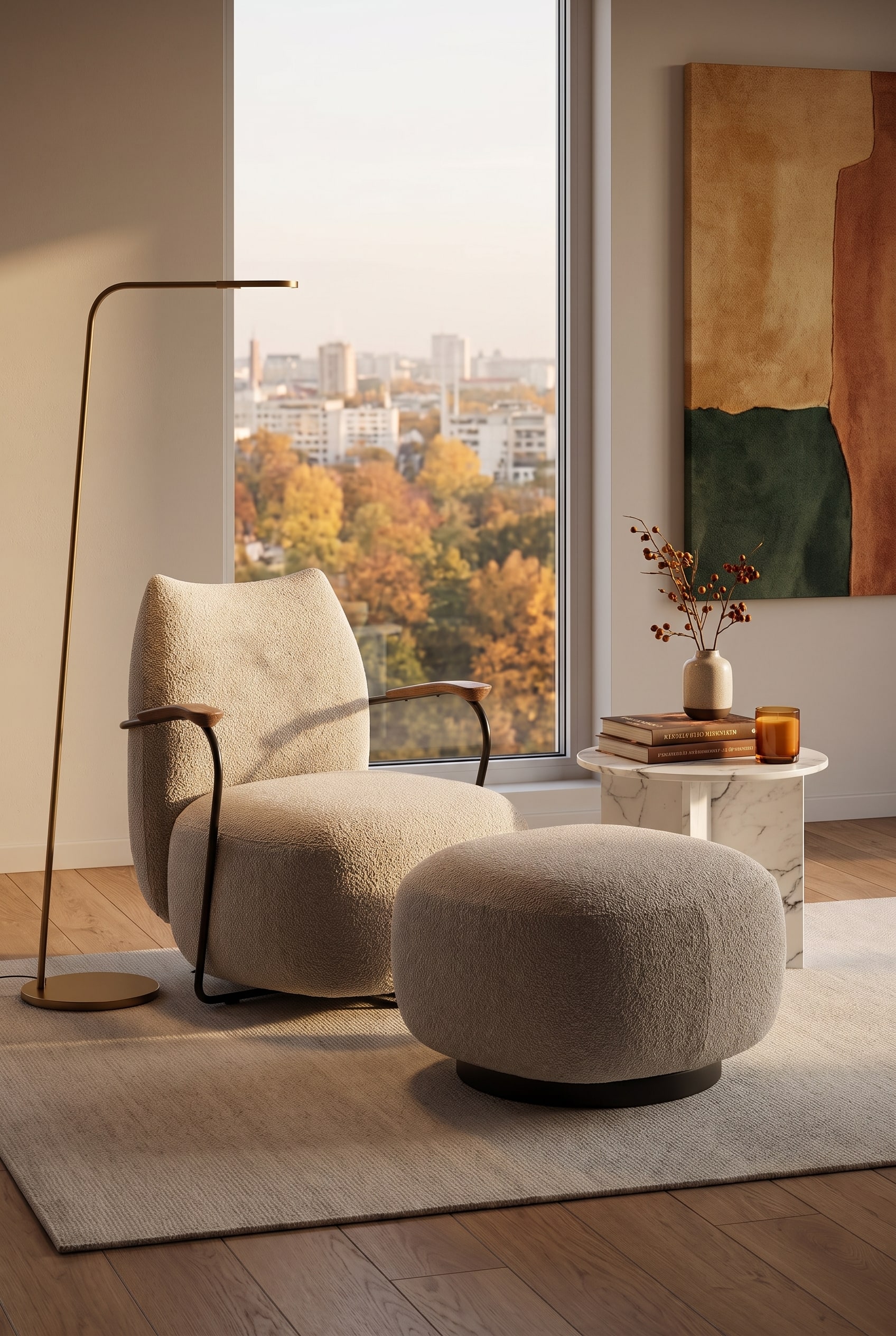 Der voluminöse Prostoria Sessel Buffa in einem herbstlich dekorierten Wohnzimmer, umgeben von grobgestrickten Kissen und einem weichen Teppich.