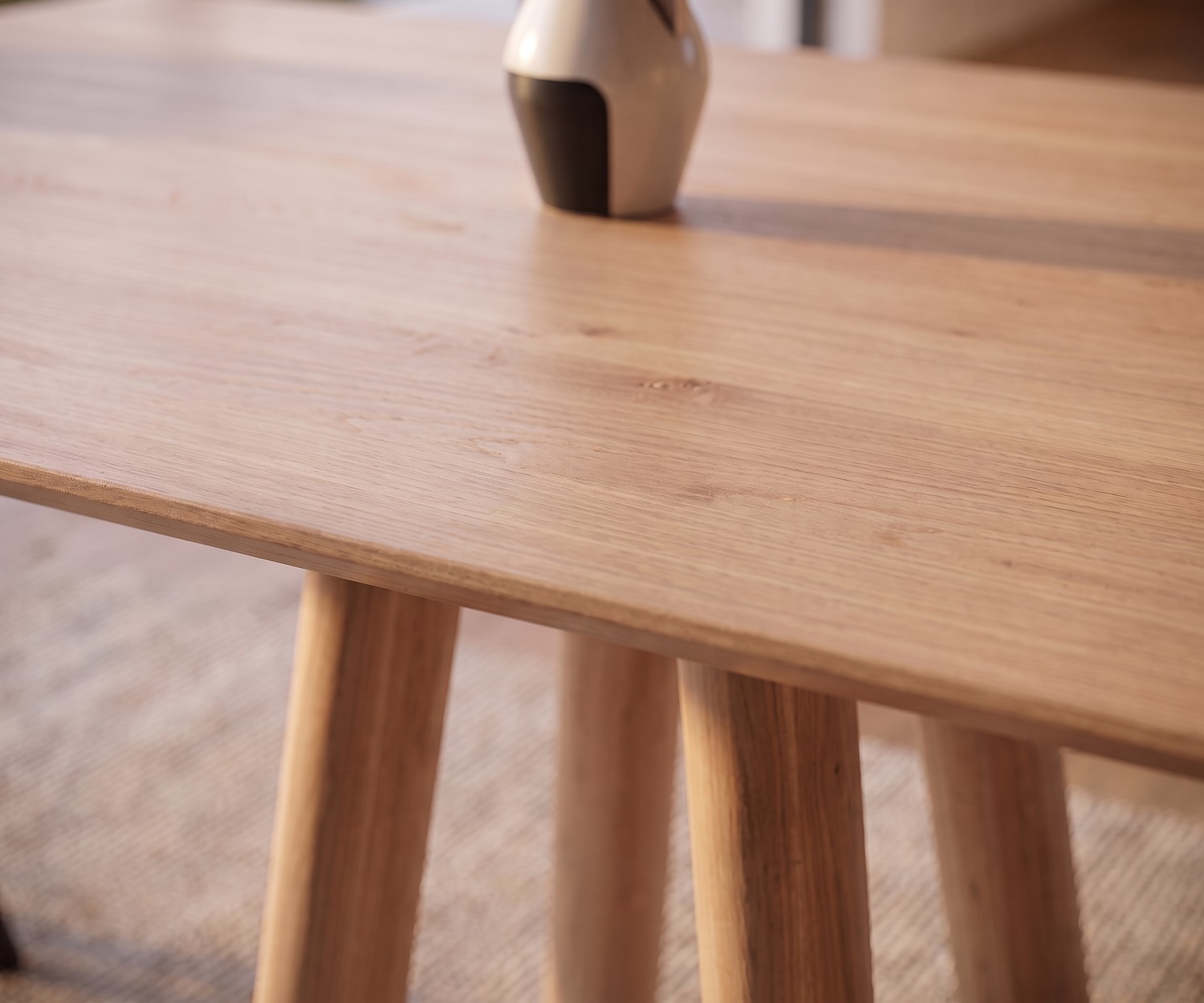 al2 mos-i-ko 001 a wooden design dining table Design dining table mos-i-ko 001 a in a minimalist dining room, solid wood table with modern chairs and warm lighting.