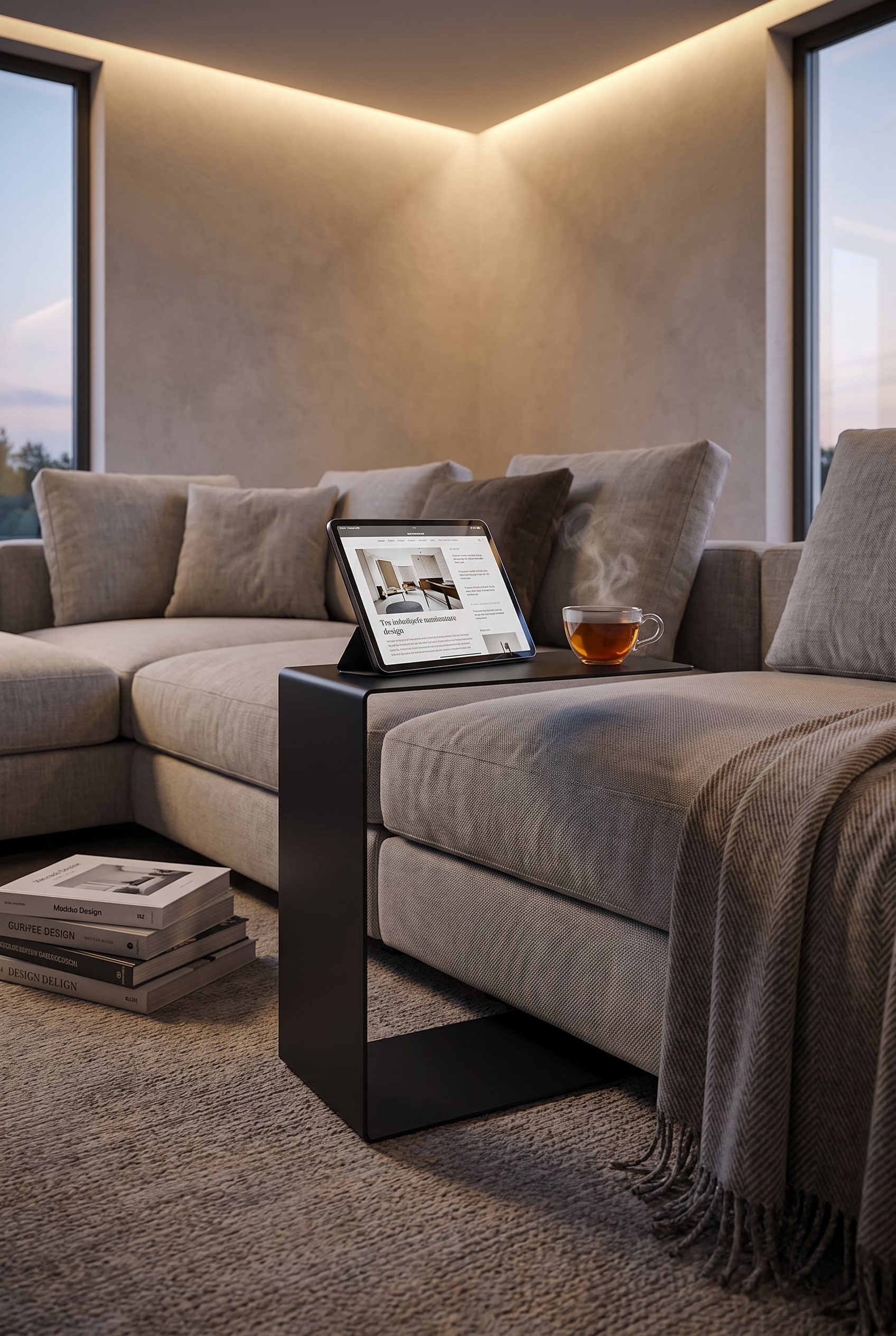 Modernes Wohnzimmer mit einem filigranen, &uuml;bergreifenden Sofa-Beistelltisch aus schwarzem Metall, dessen Platte direkt &uuml;ber das Sitzkissen eines hellgrauen Sofas ragt.