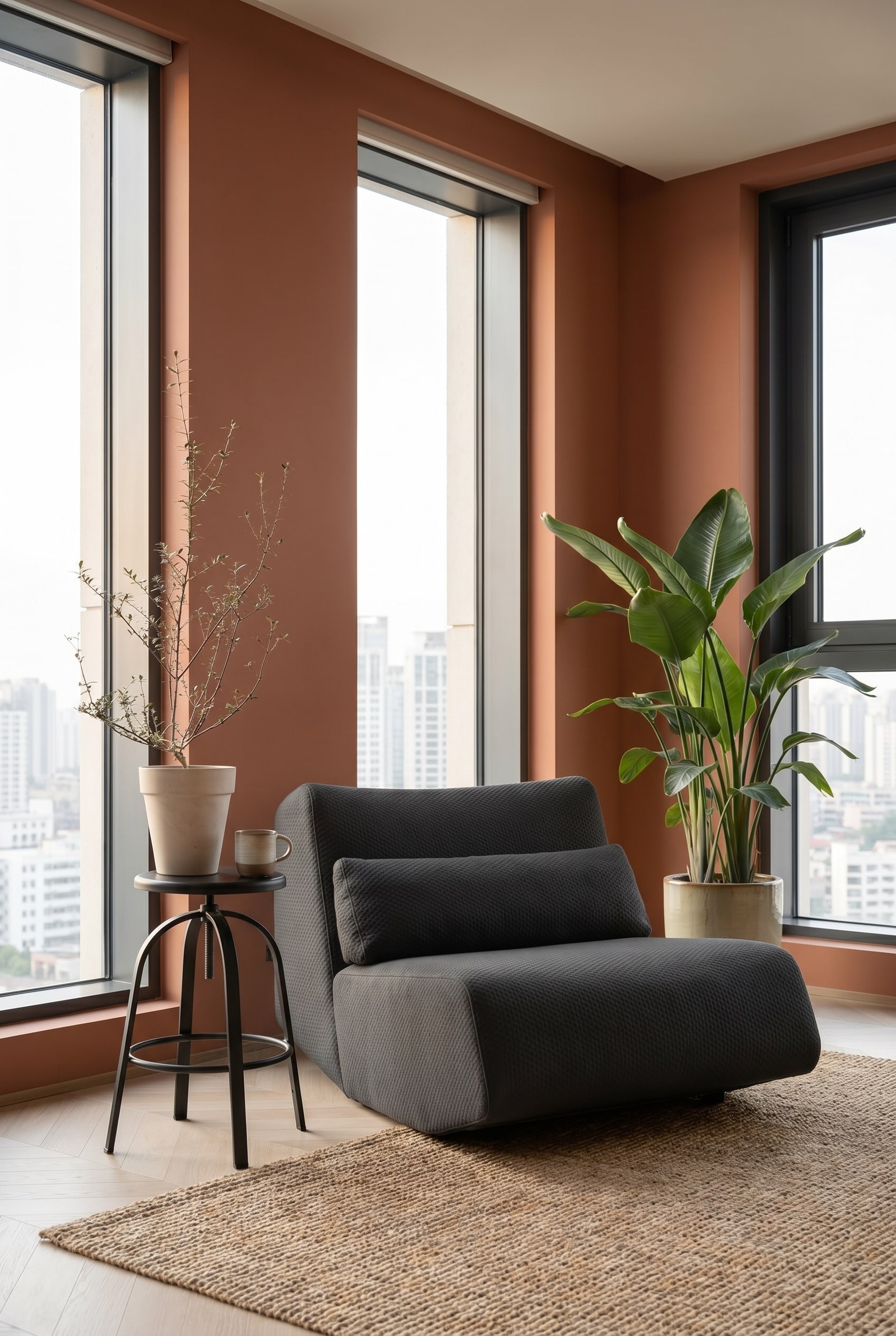 Moderne woonkamer met vloeiende loungefauteuil in antraciet en matte terracotta muren