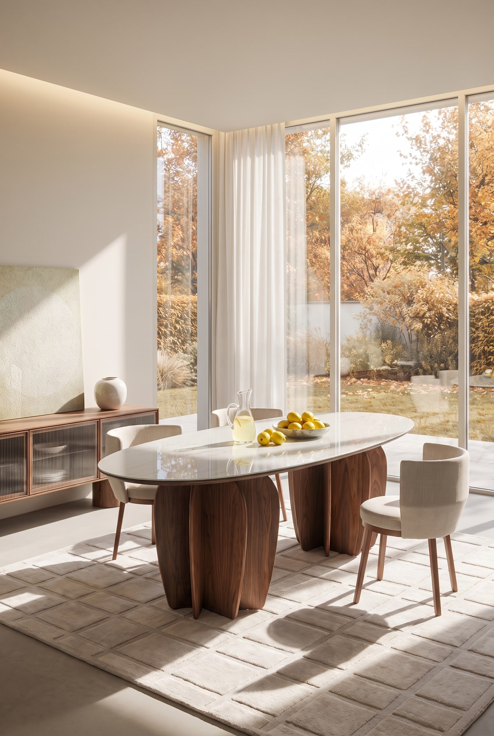 Zonnig, modern terras met een organisch gevormde houten tafel, elegante terrasstoelen en uitzicht op zee