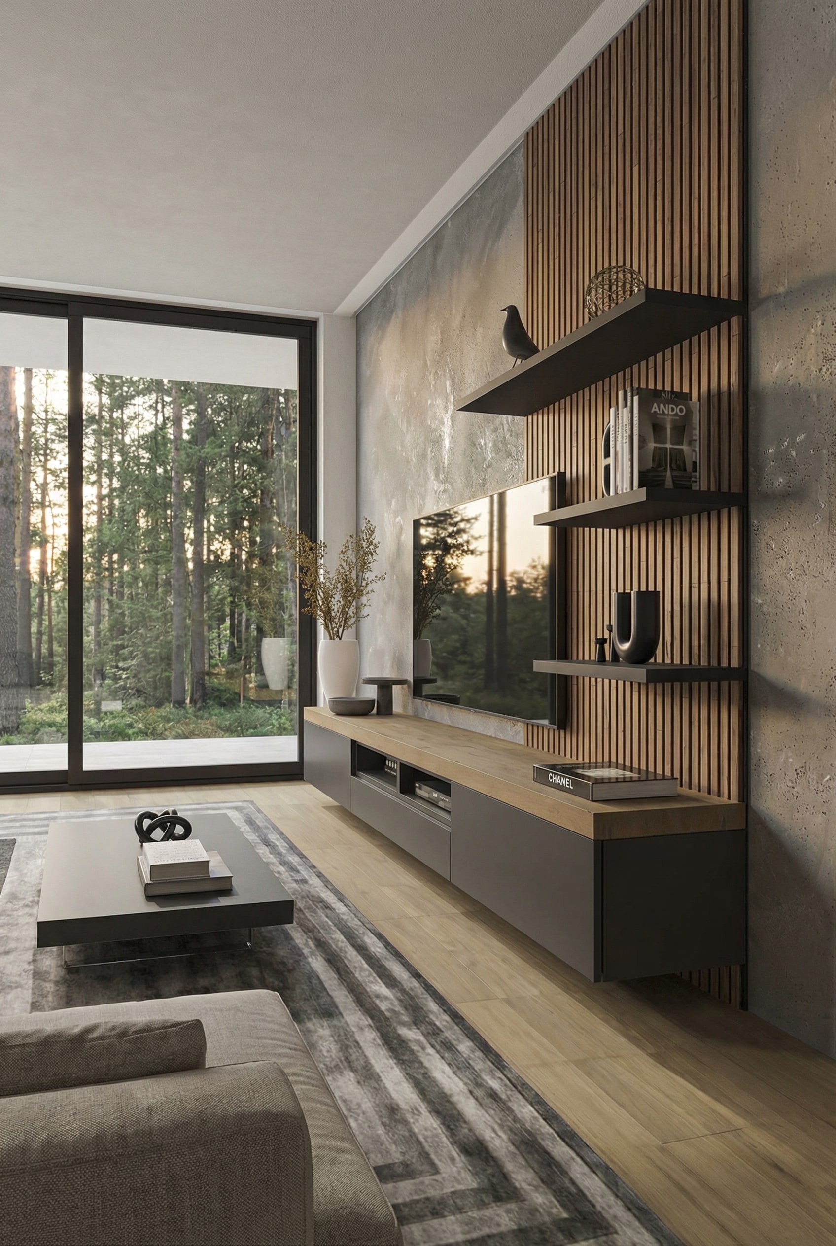 Langgezogenes Lowboard in einem modernen Wohnzimmer