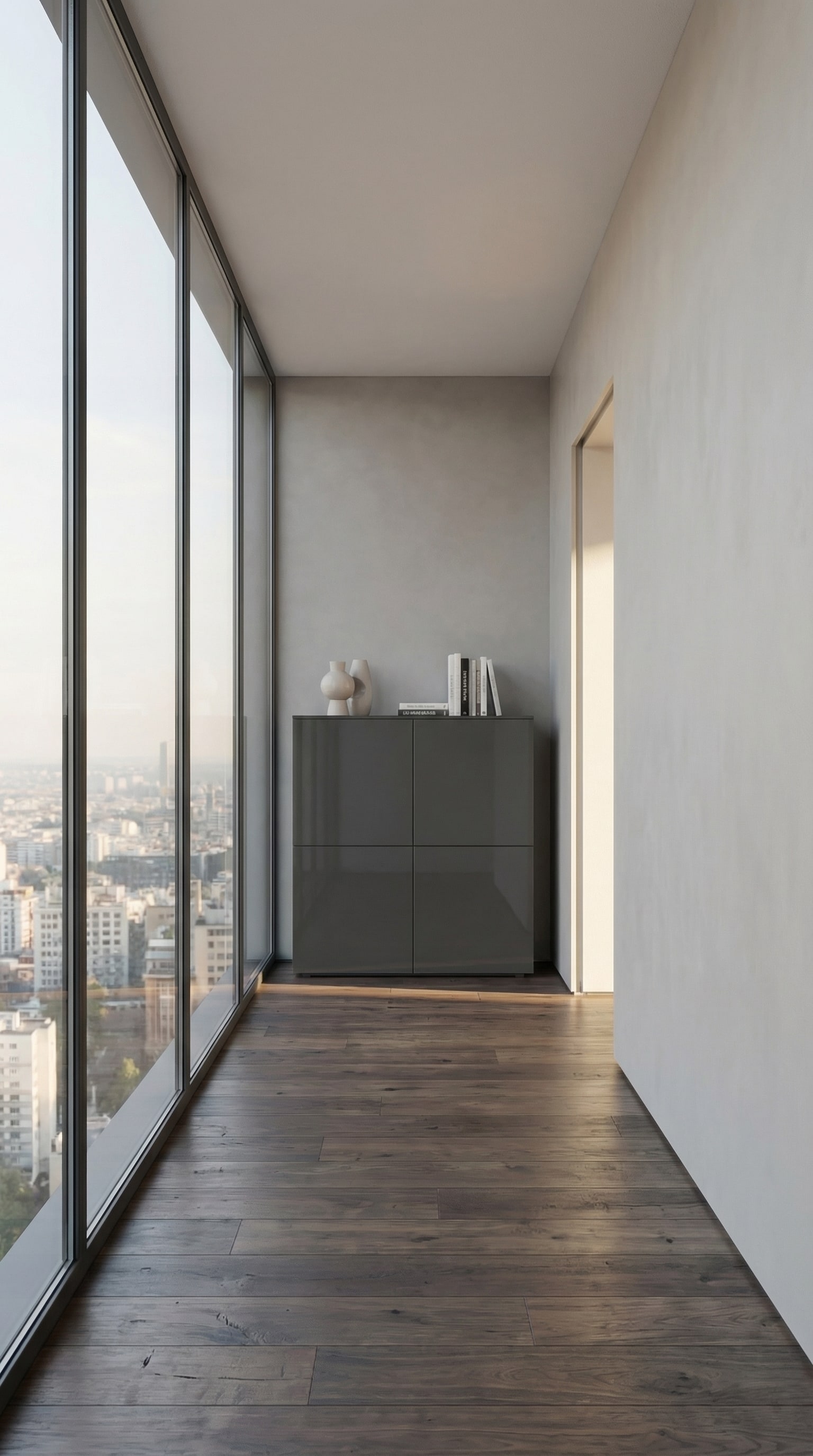 Highboard Livitalia Four dans un couloir étroit et lumineux avec des détails architecturaux. Highboard Livitalia Four dans un couloir étroit et lumineux avec des détails architecturaux.