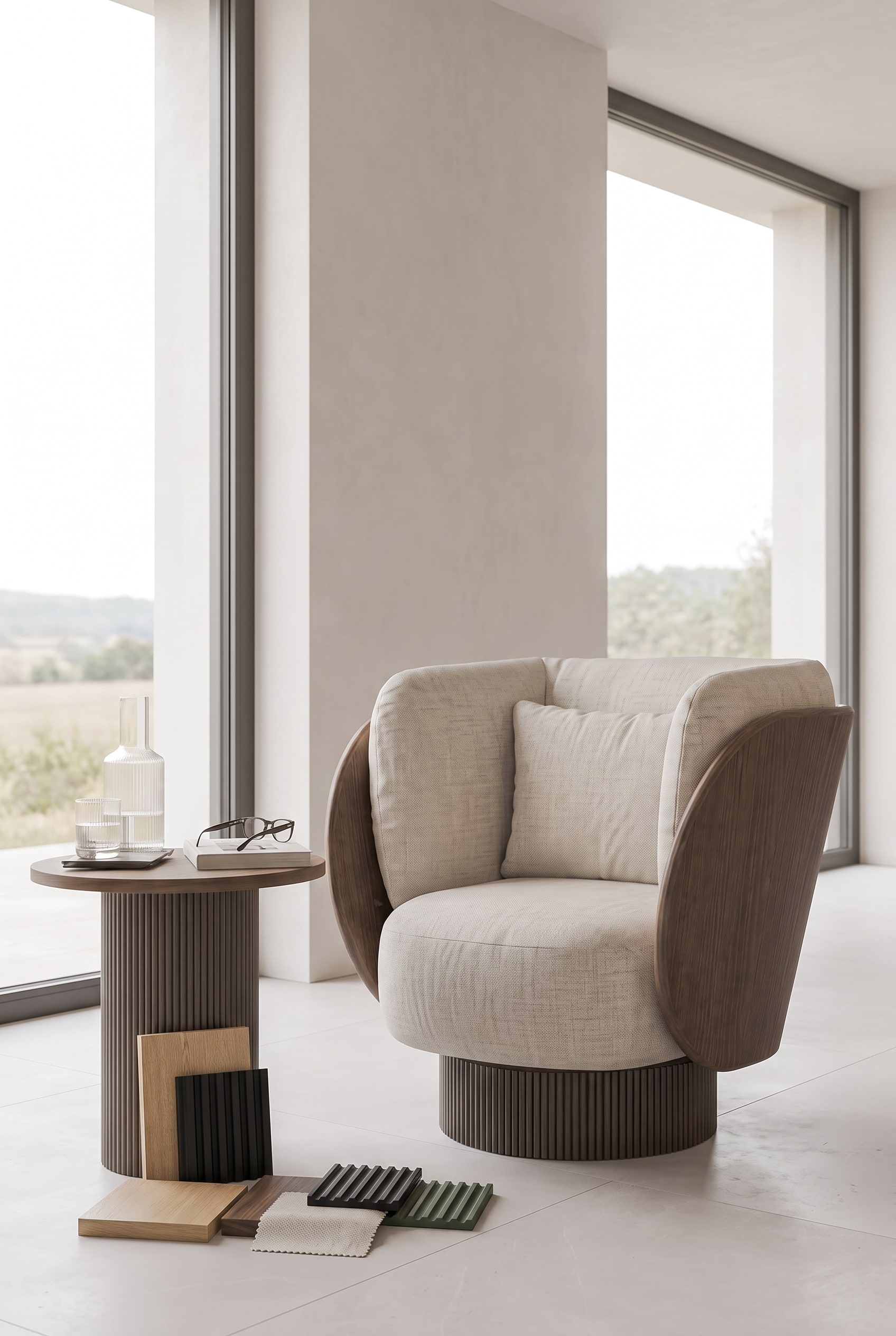 Verschillende materiaalstalen voor de Punt Dune fauteuil: houtfineer, lakkleuren en stoffen.