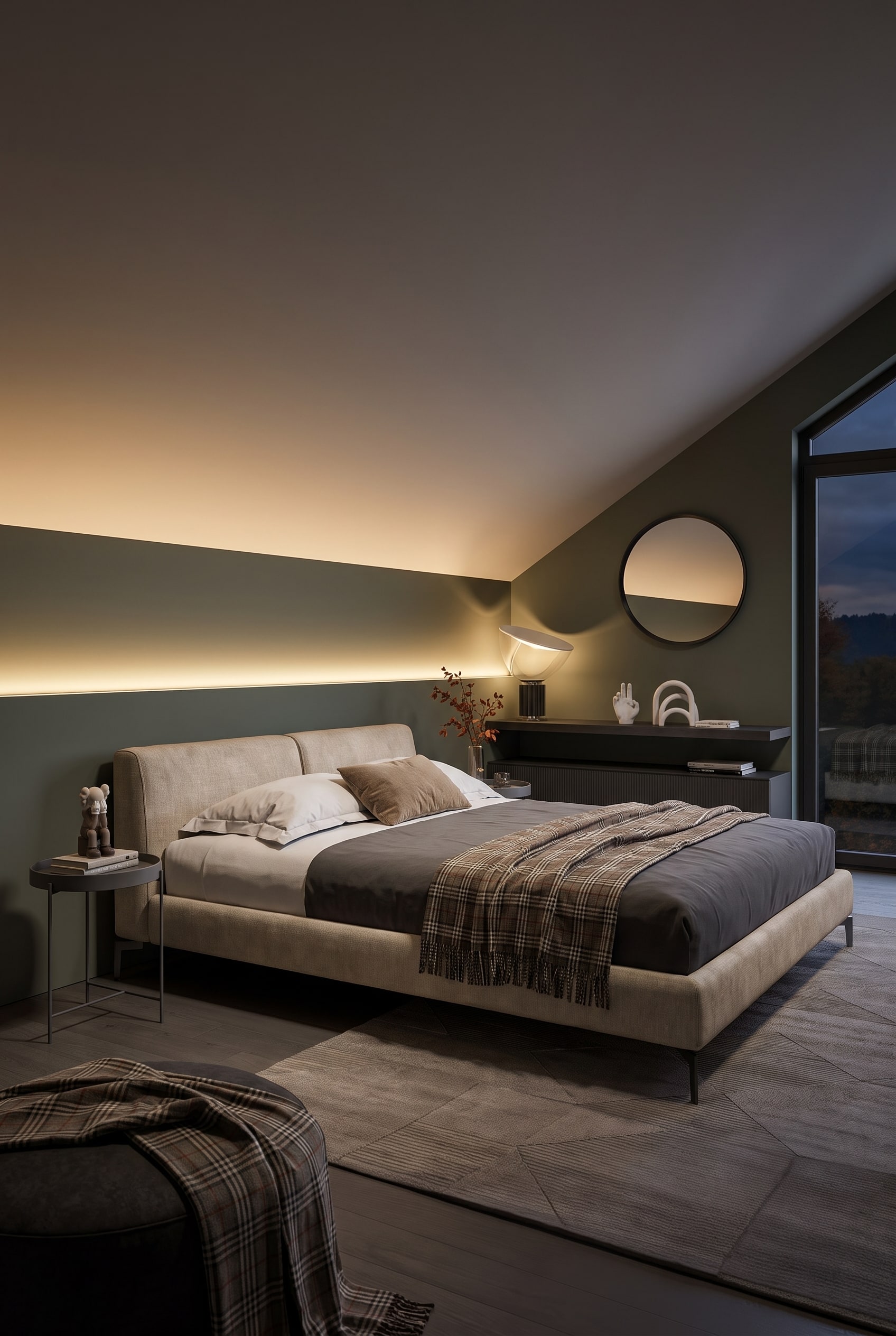Elegante letto imbottito sotto mansarda, illuminato indirettamente da dietro, colore della parete verde scuro opaco