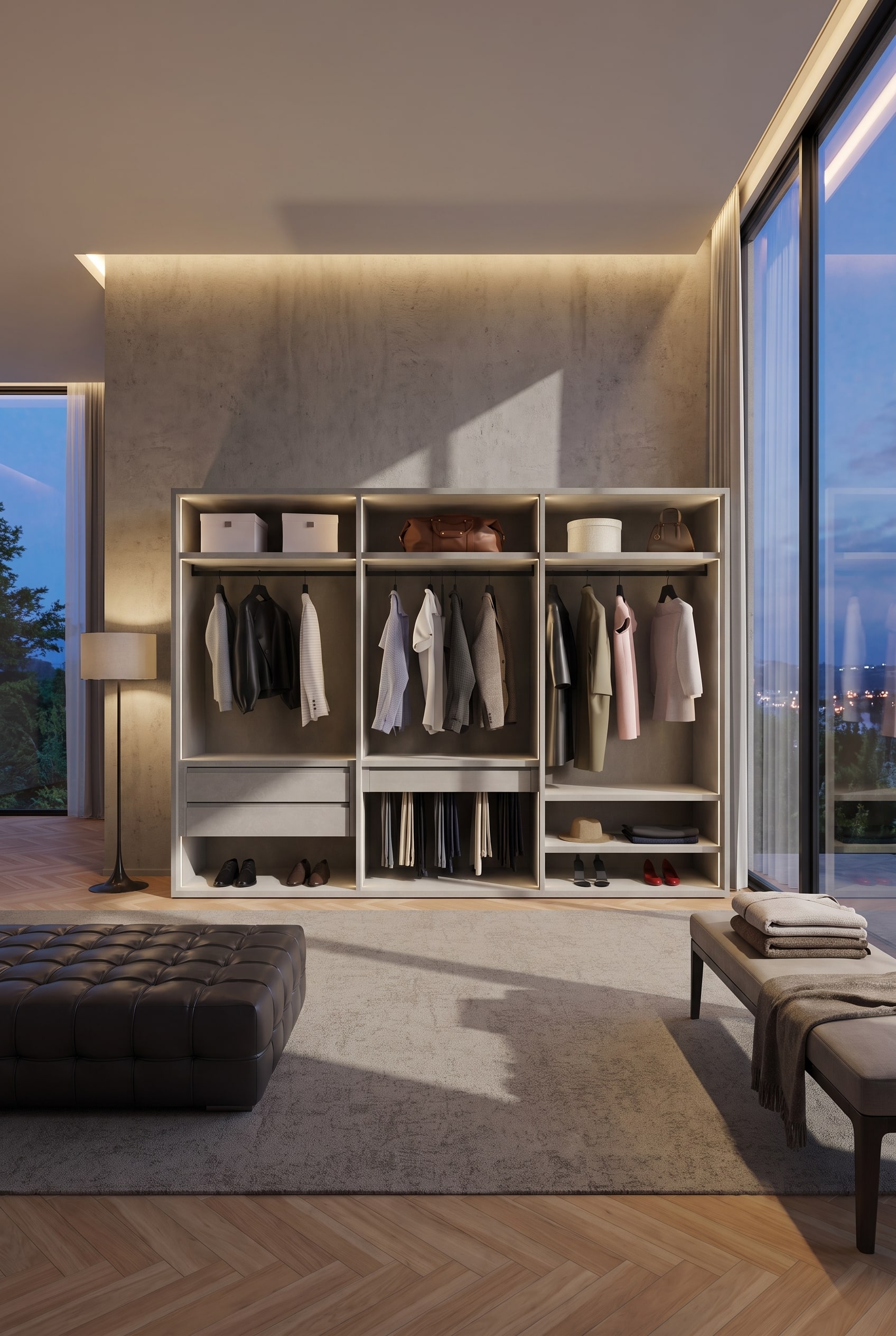 Inloopkastgedeelte met een open, frontloos framesysteem van aluminium, verlicht met verticale LED-strips