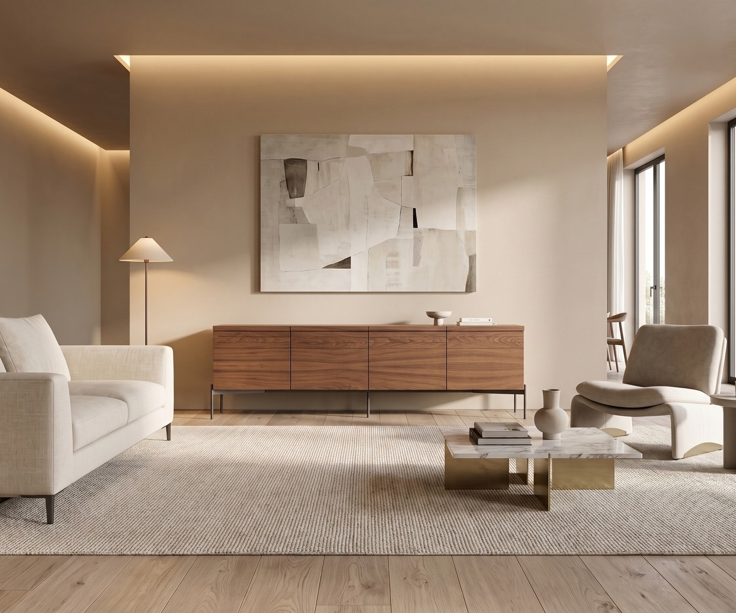 al2 o-rizon 003 designer sideboard in wood in a minimalist living room with beige sofa and abstract art.