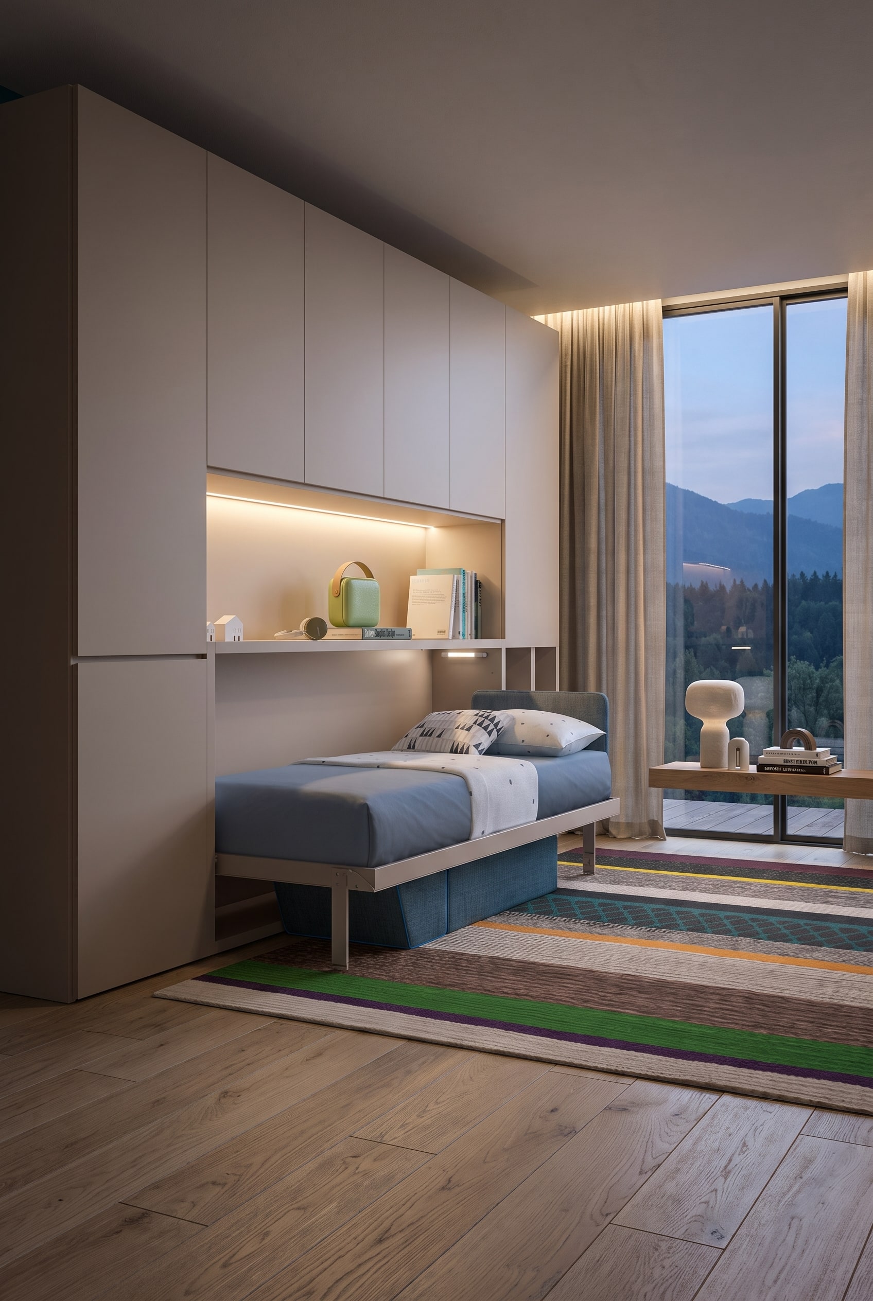 Uitgeklapt hoogwaardig Clei Kali kastbed in een modern minimalistische slaapkamer