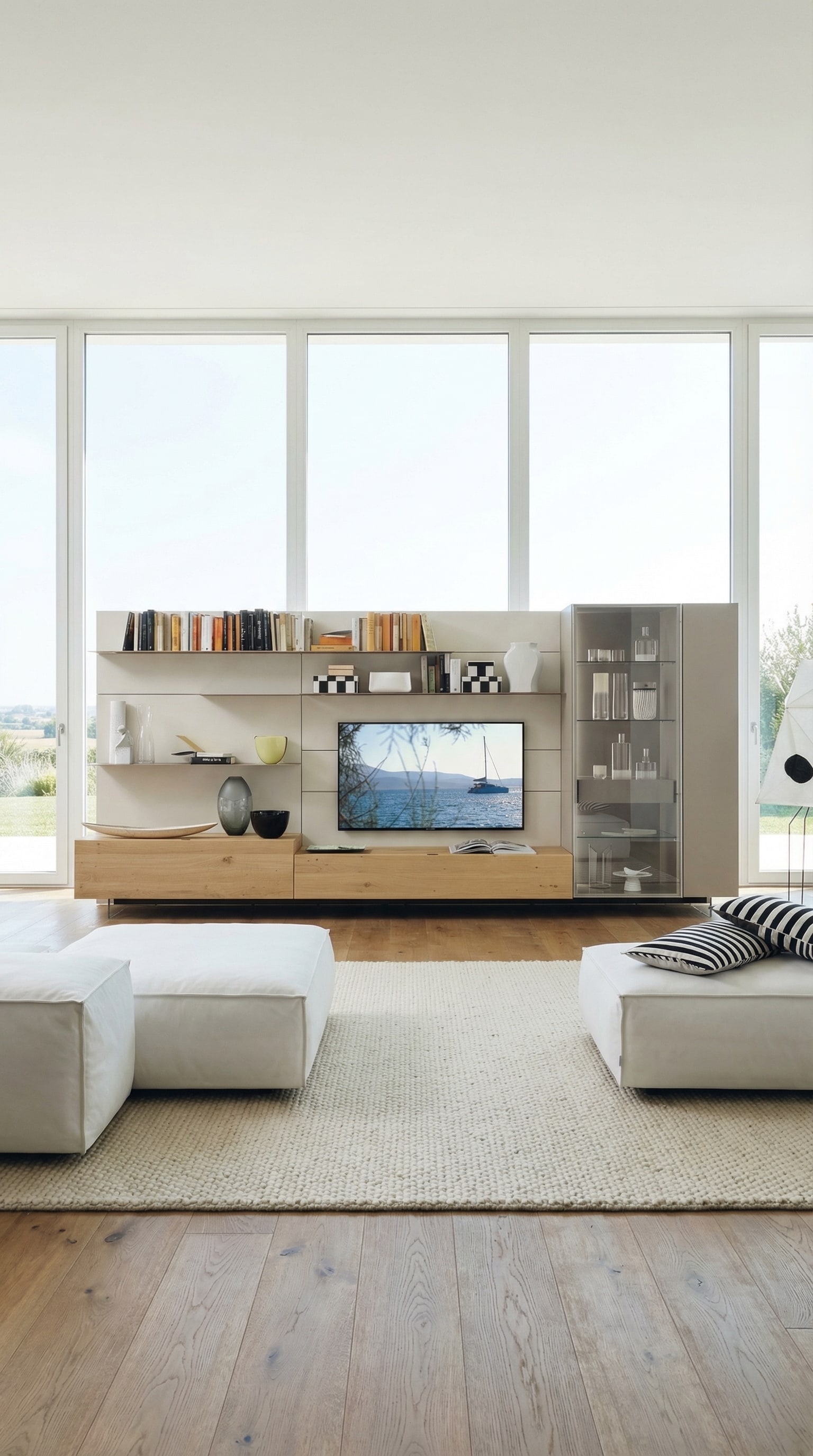 Meuble TV Livitalia C42 clair et ouvert avec &eacute;tag&egrave;res int&eacute;gr&eacute;es pour livres et d&eacute;coration