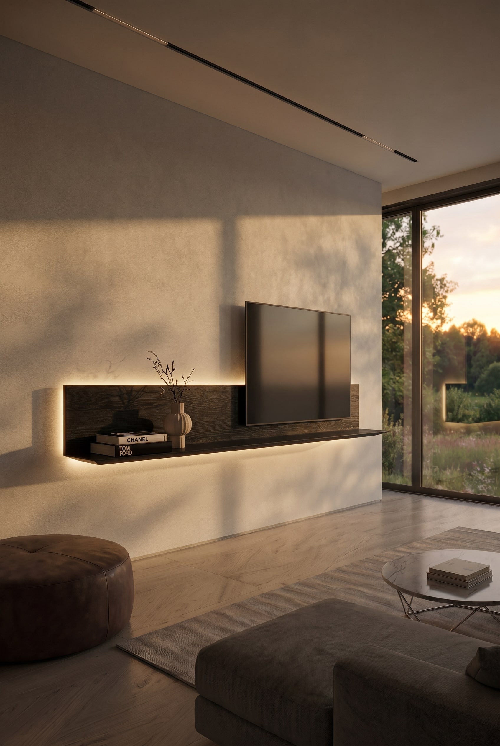 Wandhangend zwart tv-meubel met indirecte verlichting onder een grote flatscreen-tv