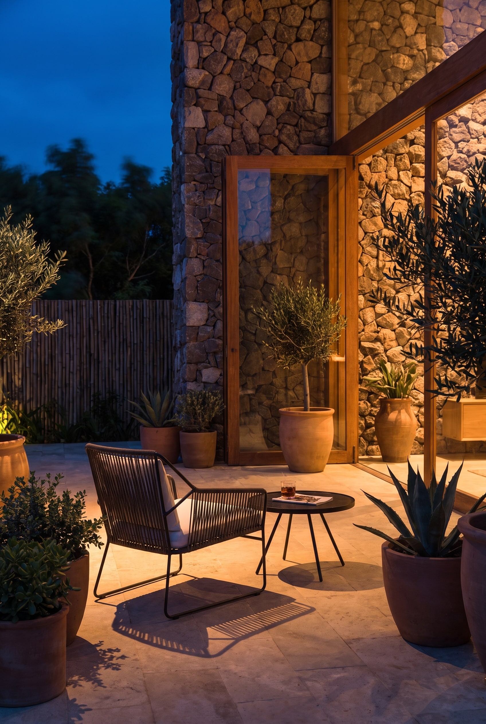 Oasiq Sandur Poltrona in corda in acciaio inossidabile su una terrazza illuminata di sera con luce calda