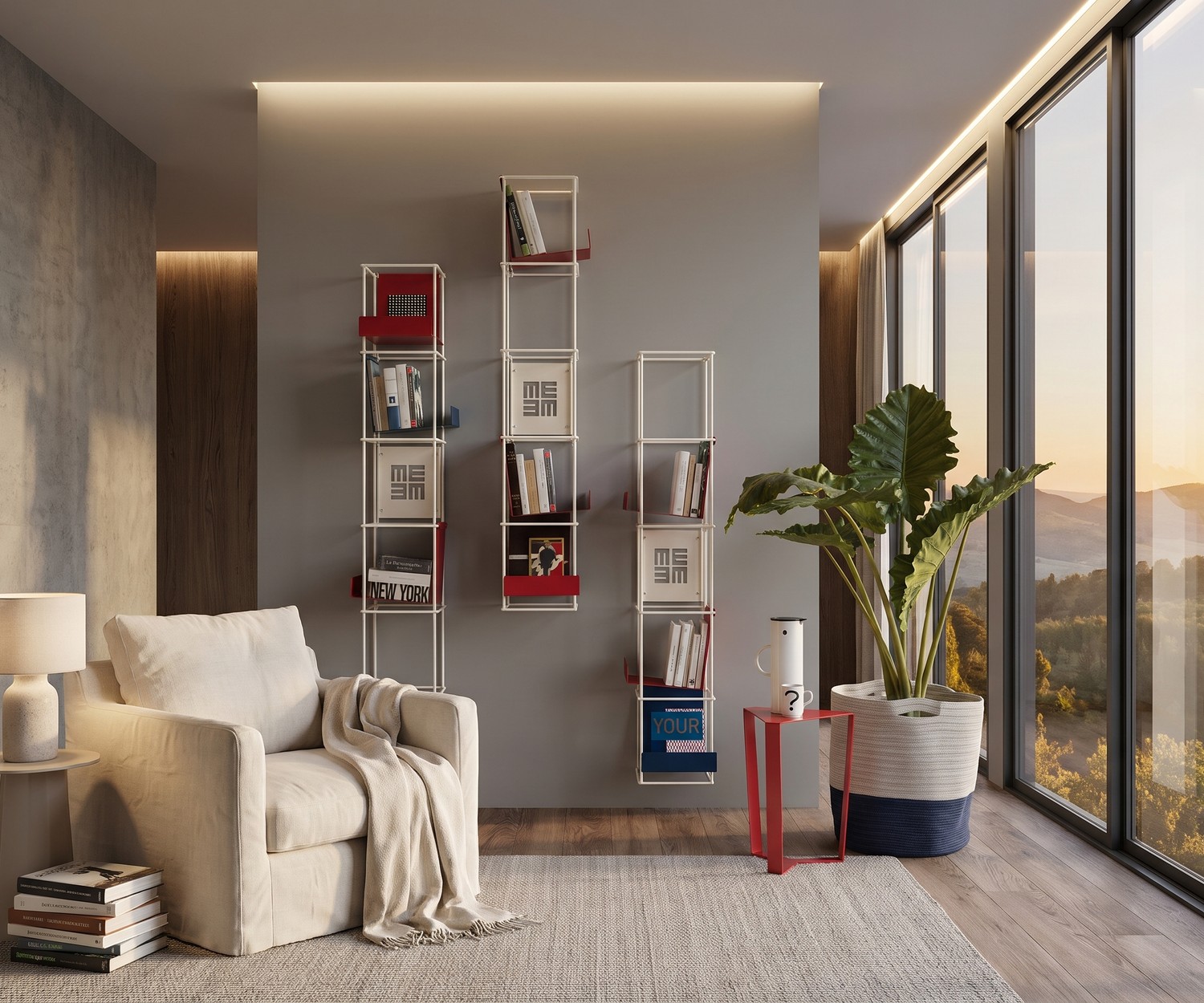 MEME Design Libro vertical wall bookshelf in metal mounted in a modern living room next to an armchair.