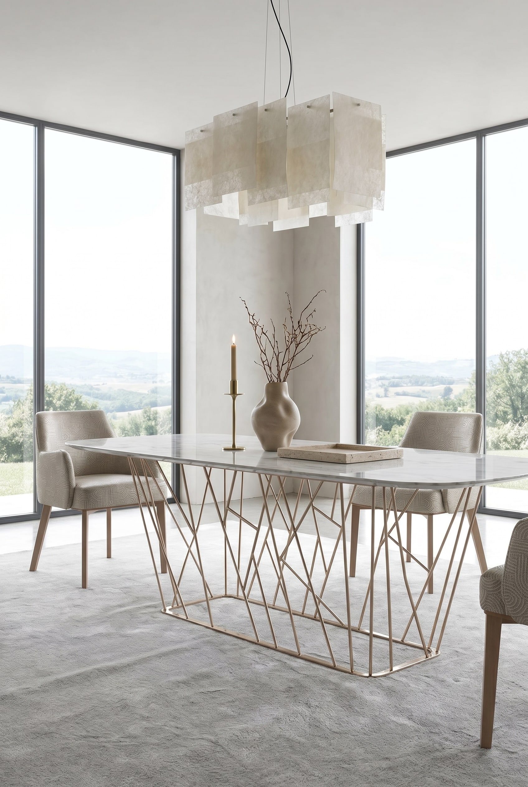 Marmeren tafel met complex, netvormig metalen onderstel, gedecoreerd met een asymmetrische groep van drie keramische objecten