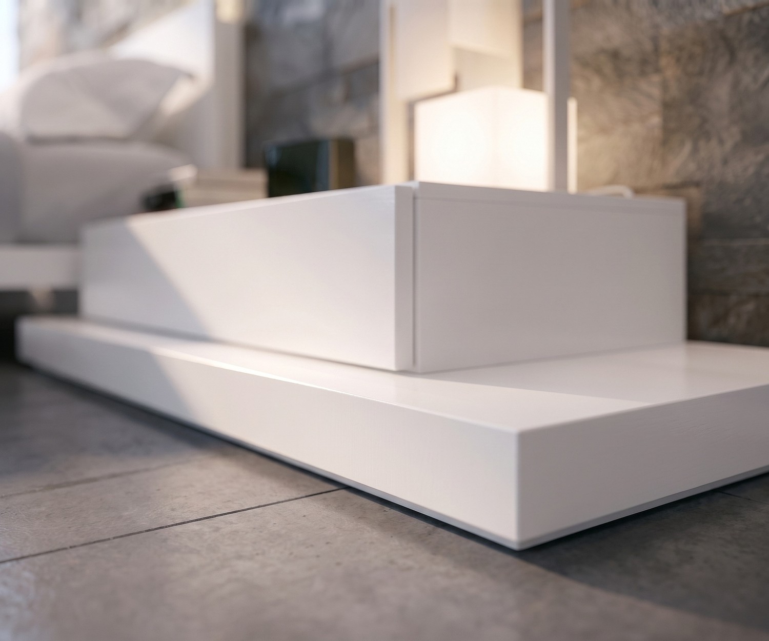 Livitalia EASY platform base as a white TV pedestal or bedside table riser in a modern bedroom.