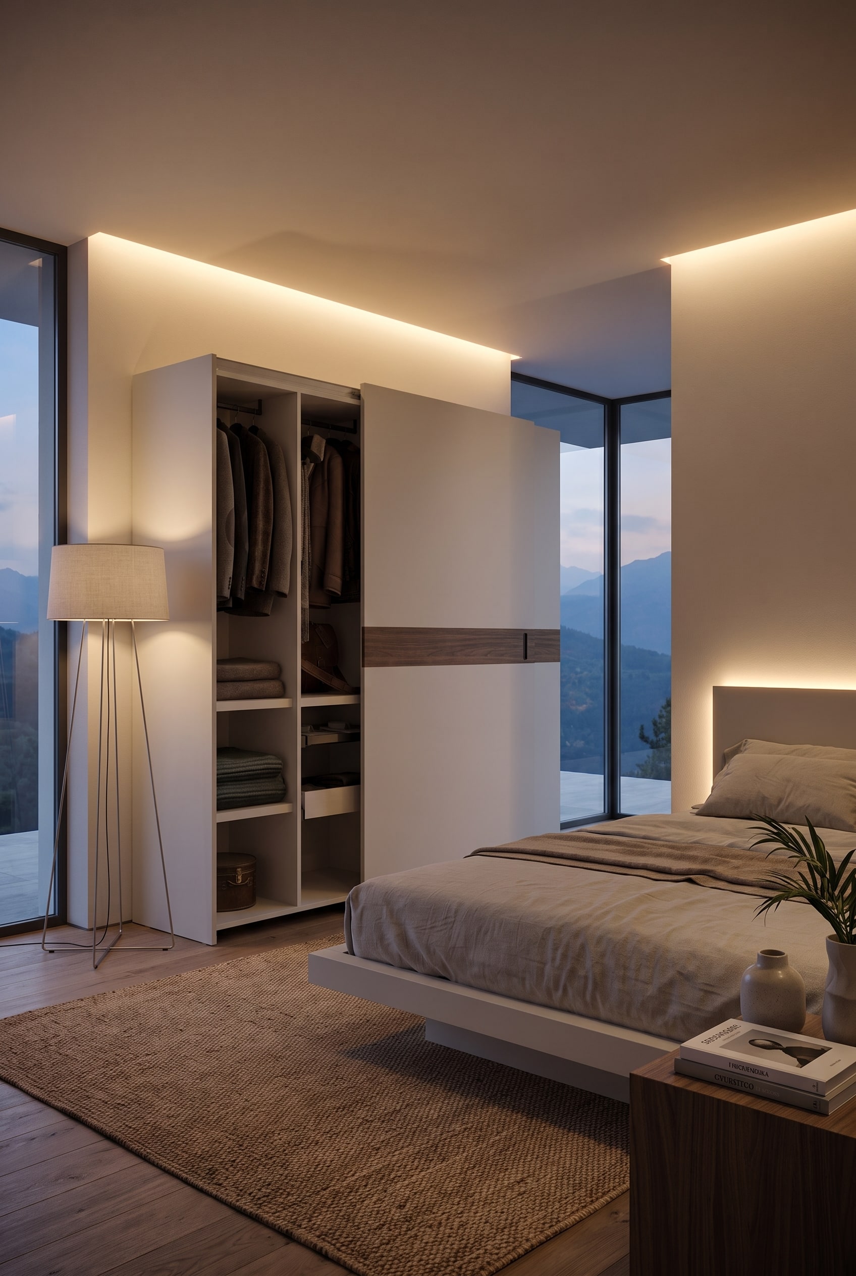 Camera da letto moderna per ragazzi con un grande armadio le cui ante scorrevoli bianche opache lasciano uno stretto passaggio verso il letto