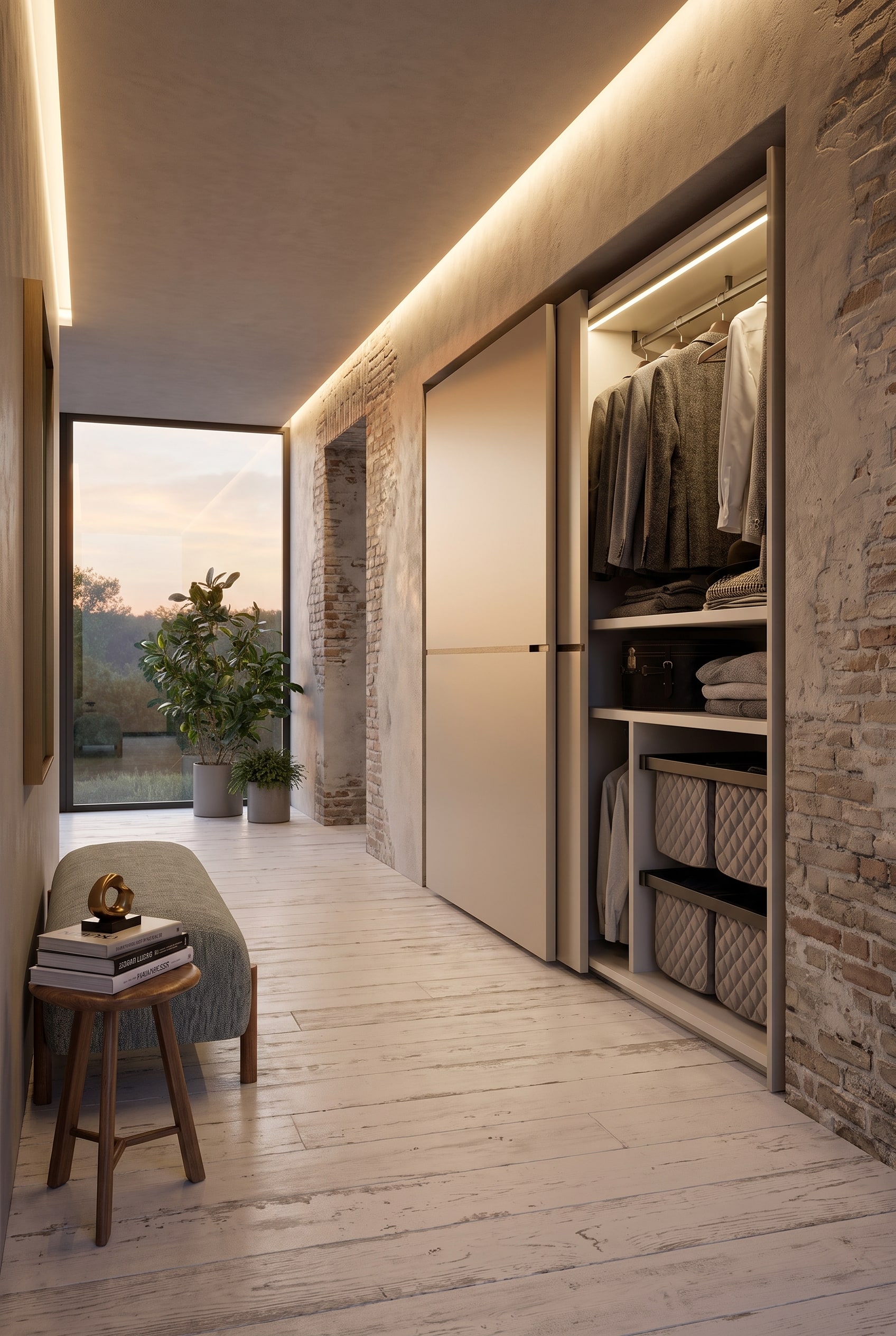 Corridoio con grande armadio a muro con ante scorrevoli in beige opaco, aspetto senza soluzione di continuit&agrave;