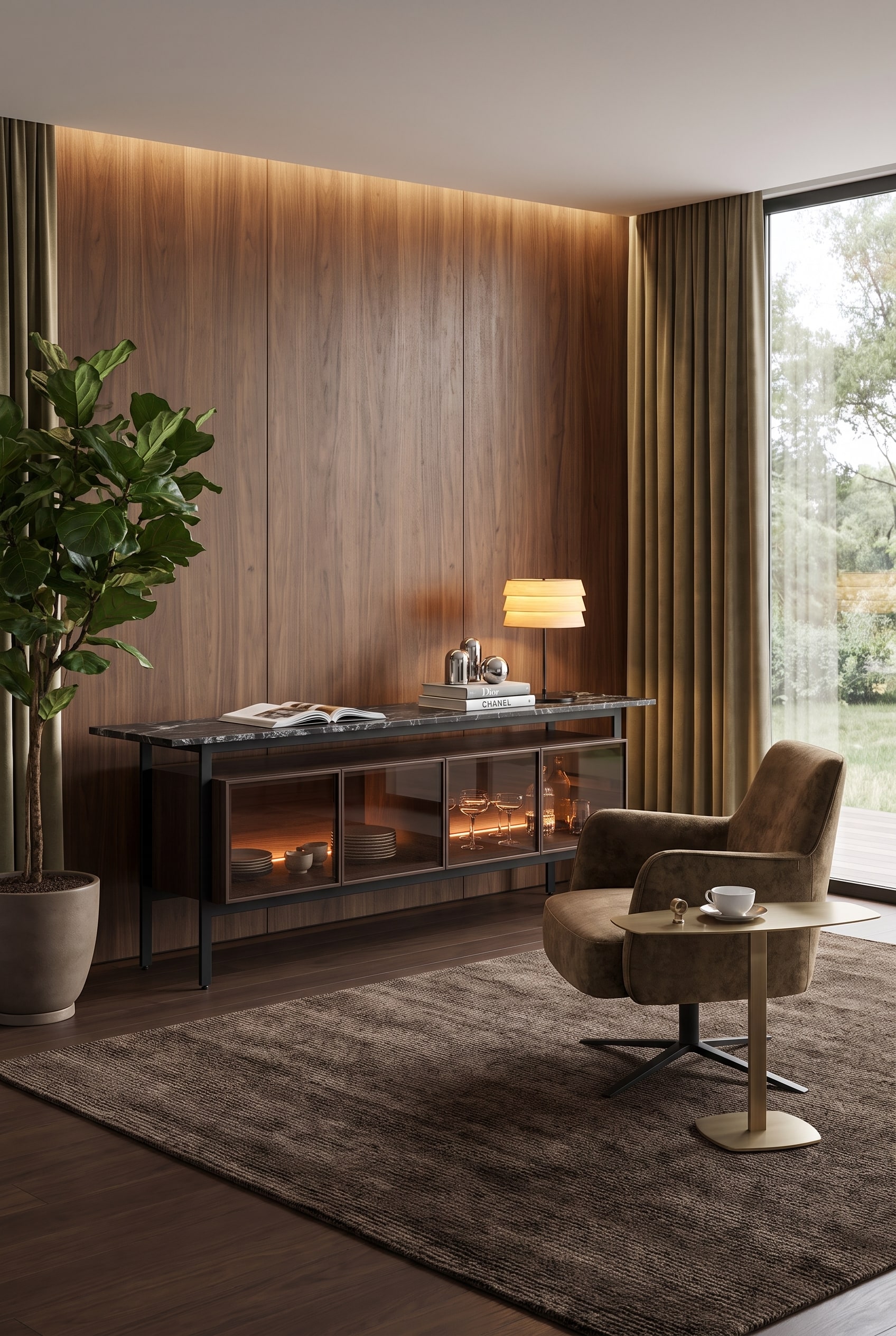 Sideboard van donker hout met geïntegreerde LED-verlichting achter getinte glazen deuren in een warme ruimte