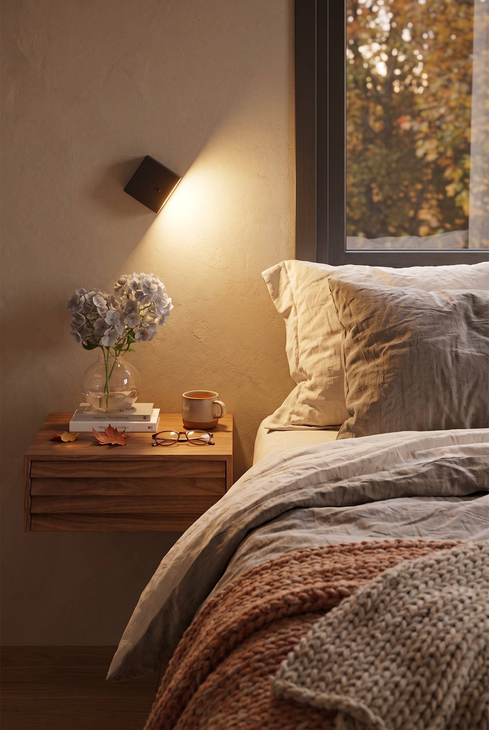 Een gezellige slaapkamer in herfstlook met het Punt Sussex Nachtkastje, waarvan de opvallende horizontale houten lamellen de warme kamerverlichting reflecteren.