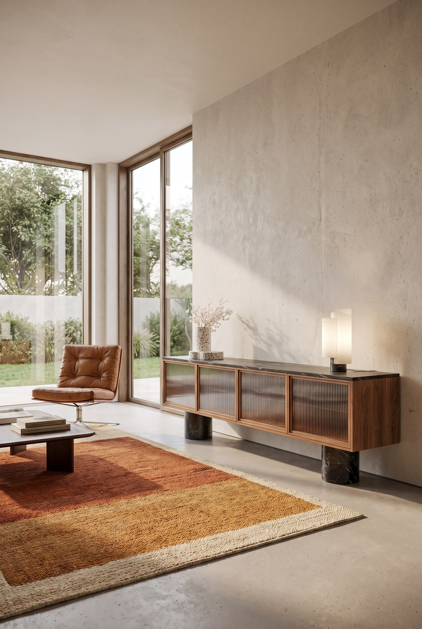 Elegant sideboard met fronten van ribbelglas en poten van zwart marmer voor een lichte muur