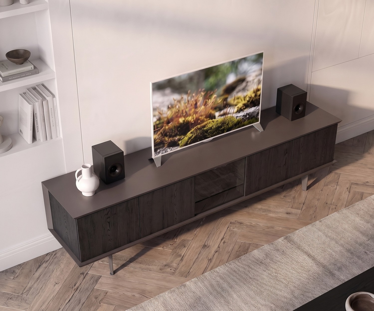 Ozzio Brera TV media lowboard for the living room. Modern dark wood TV sideboard featuring a stylish glass door centre.