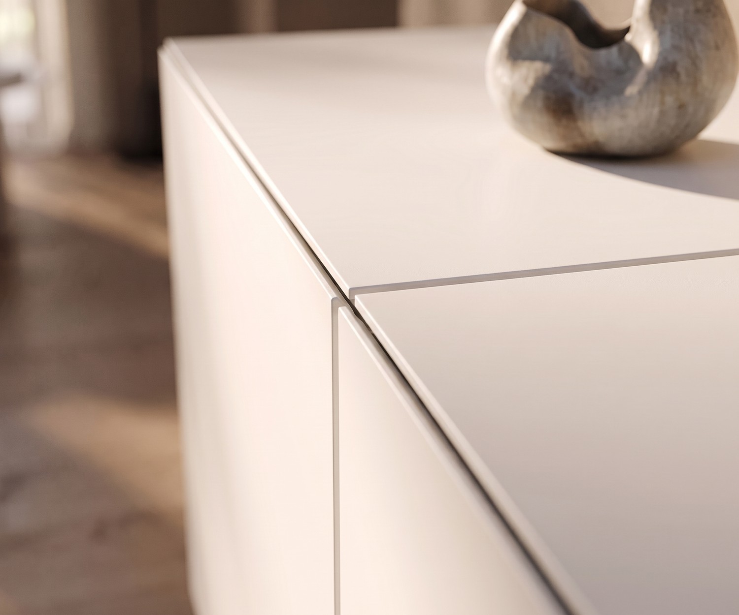 al2 Sideboard MOS-I-KO 003 A for the living room, close-up of the matte beige finish and minimalist joints