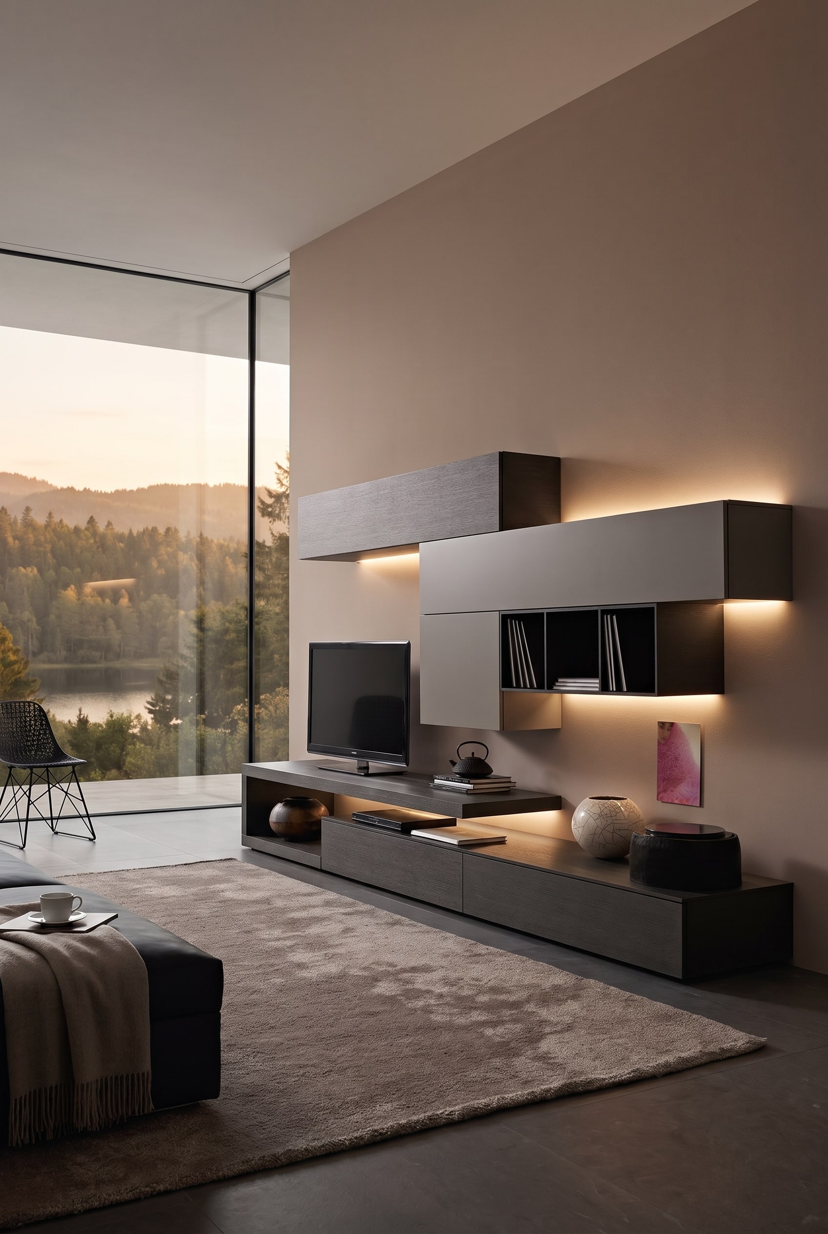 Modern Livitalia Wall Unit C99 made of dark wood, creating a strong architectural contrast against a wall in the trend color Macchiato.
