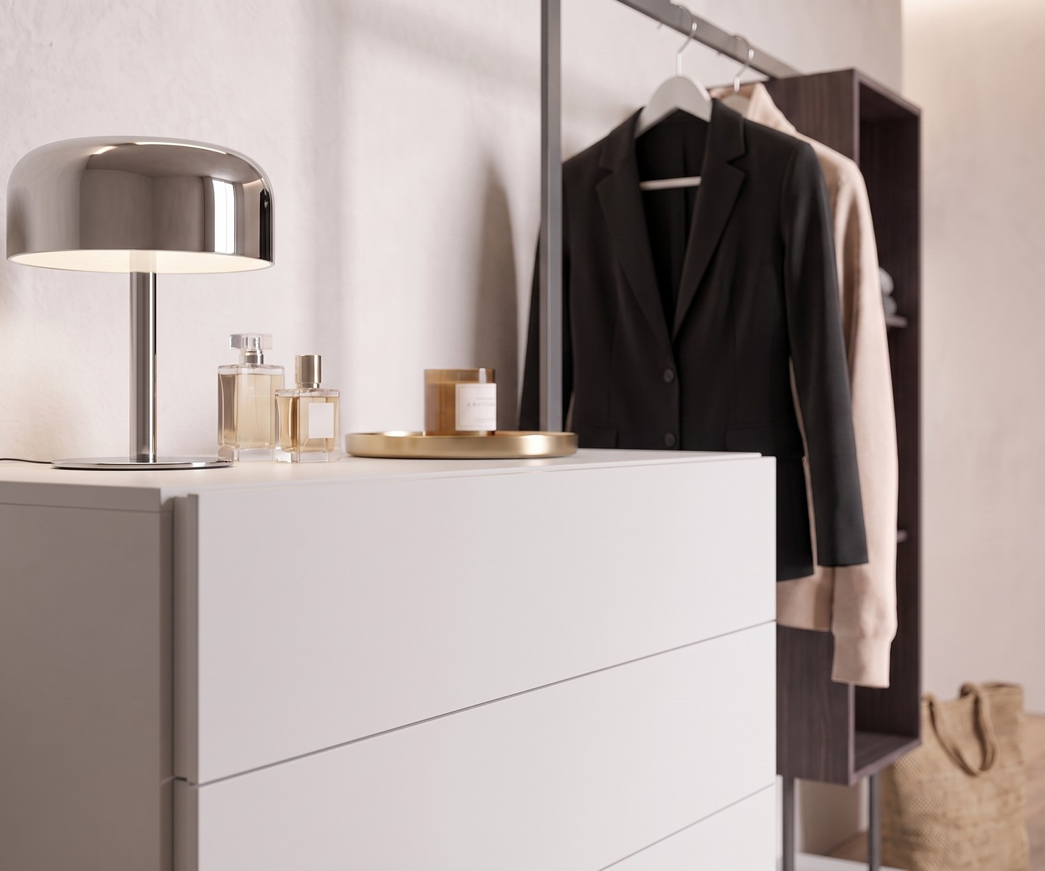 Novamobili Kommode Easy 4 mit Garderobe im Schlafzimmer, weiße Designer-Kommode mit Kleiderstange für Jacken.