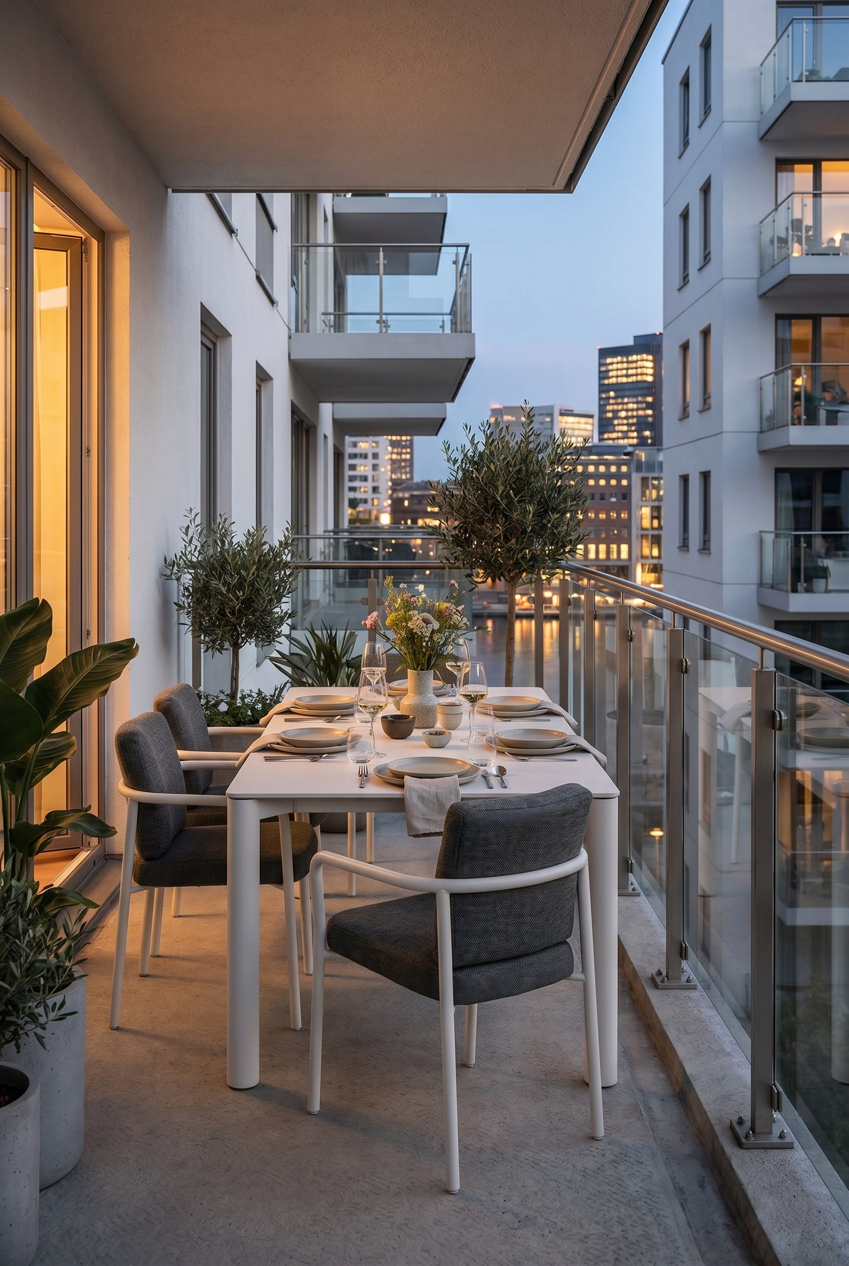 Balcone urbano al crepuscolo con un tavolo da pranzo per esterni purista e bianco in alluminio e due sedie abbinate davanti a una balaustra di vetro