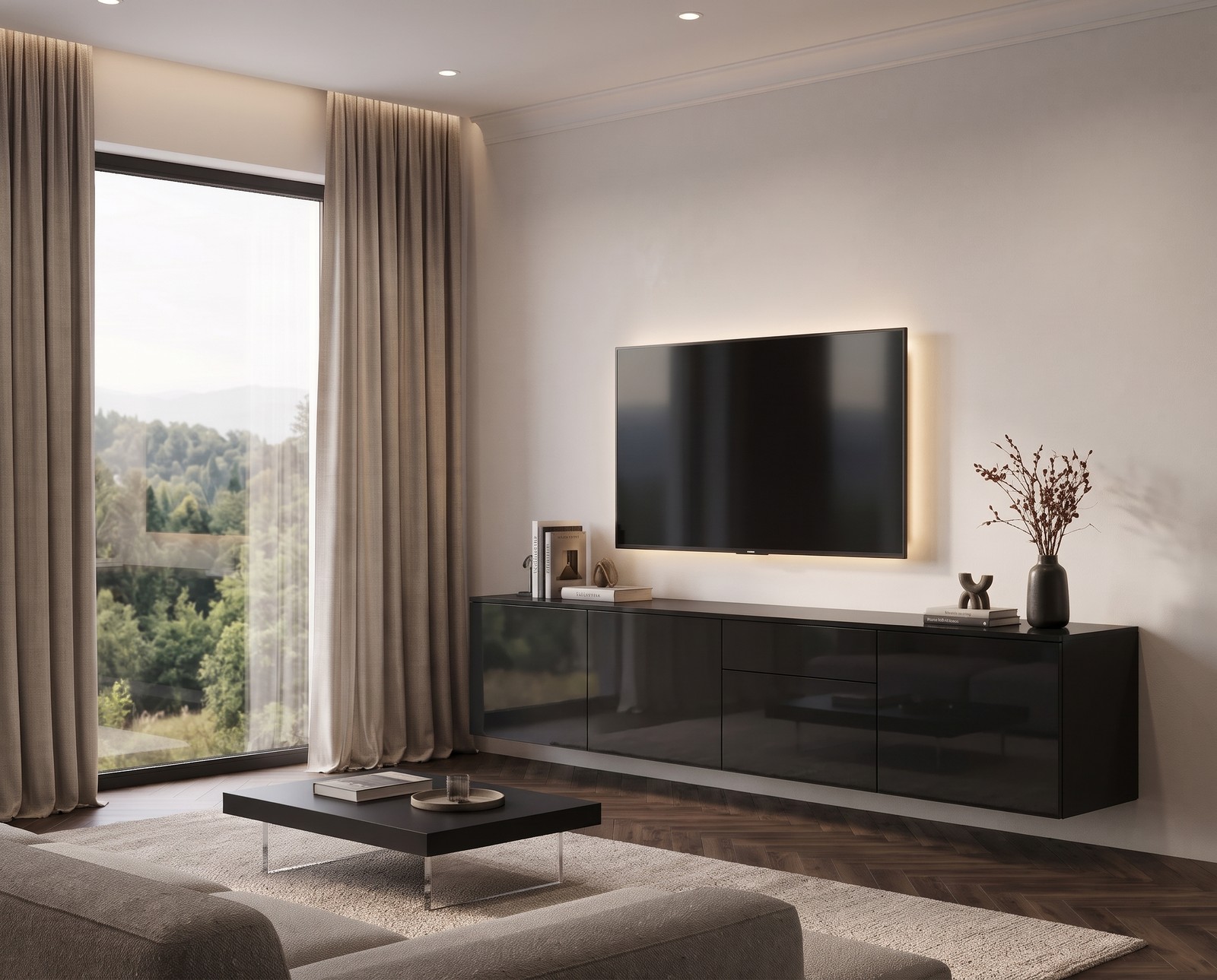 Livitalia Spaziora TV sideboard in high-gloss black, W 240 cm, wall-mounted in a living room Livitalia Spaziora TV sideboard in high-gloss black, W 240 cm, wall-mounted in a living room