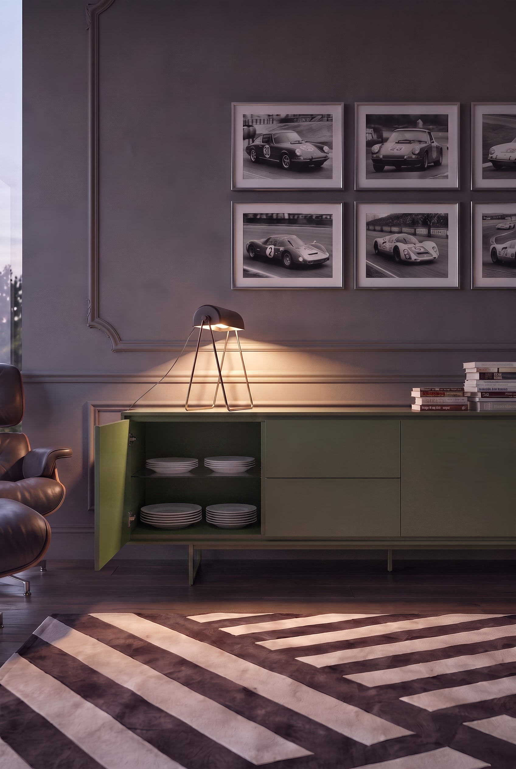 Geopend olijfgroen dressoir toont wit servies op delicate glazen legplanken in het onverlichte interieur.