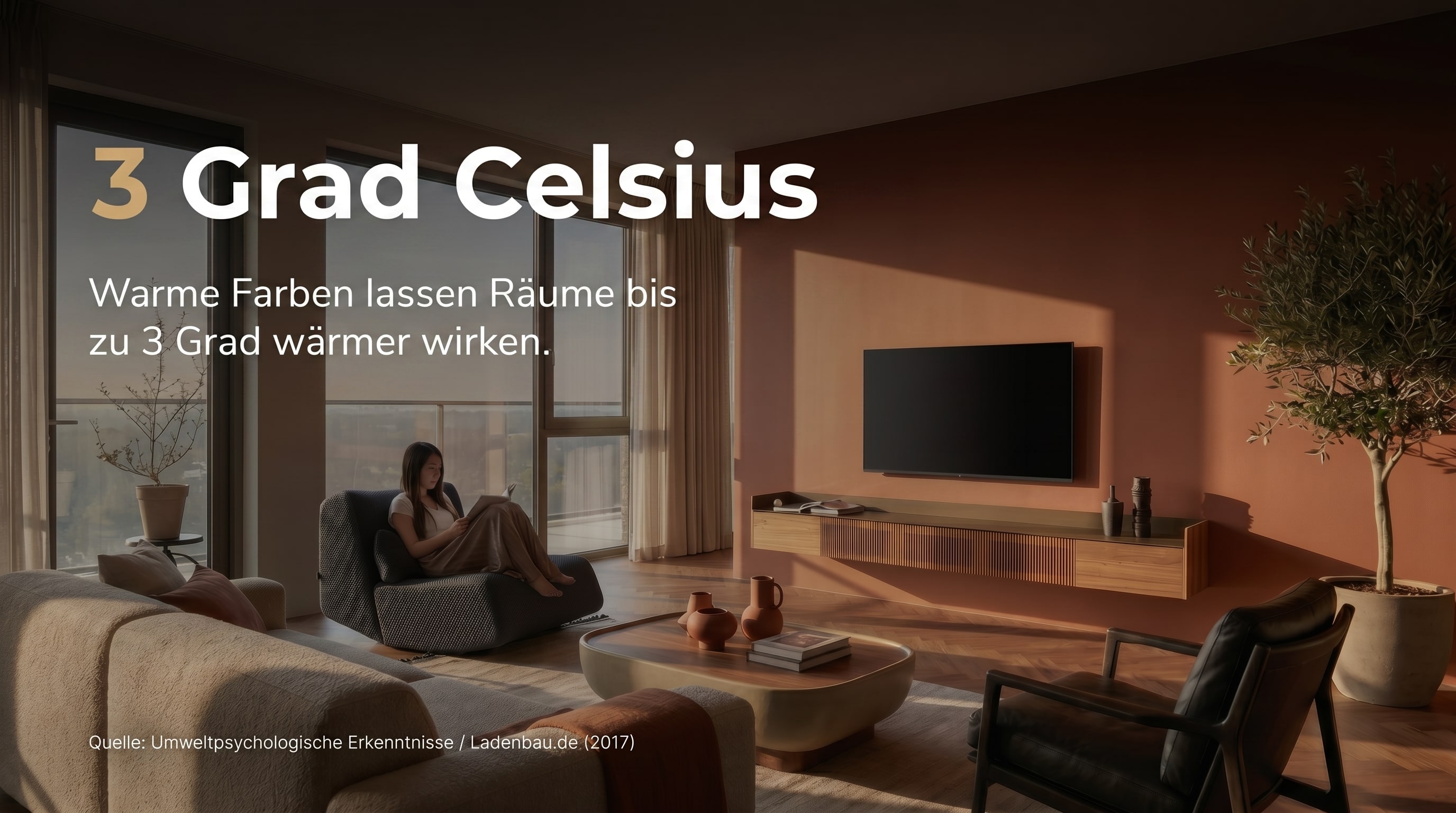 3 Grad Celsius &ndash; Warme kleuren laten ruimtes tot 3 Grad Celsius warmer lijken.