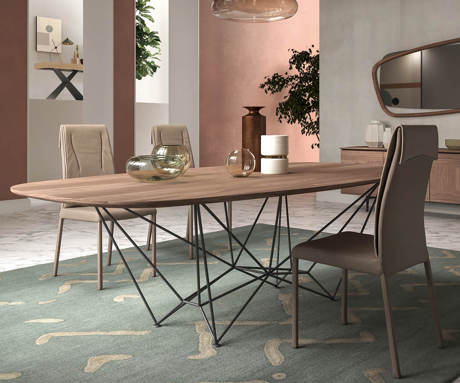 Design Esstisch Tischplatte Nussbaum Furnier Nahaufnahme im Esszimmer