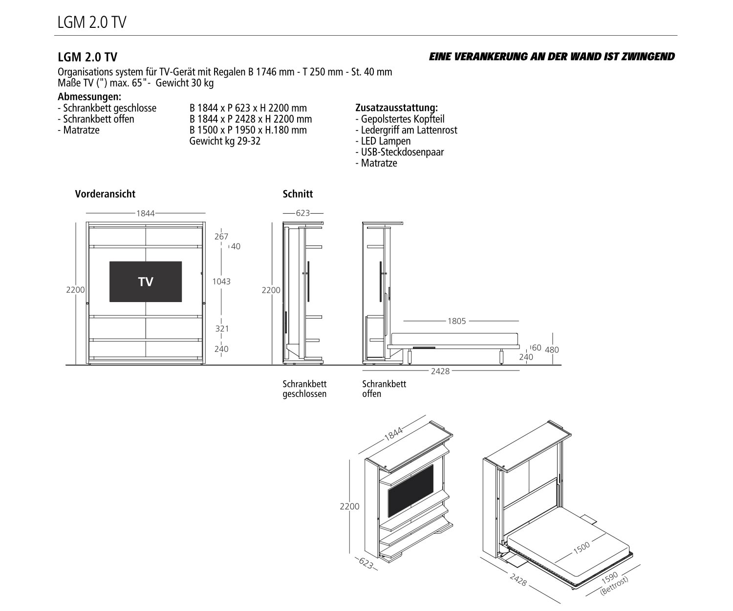 Design Schrankbett mit TV Wohnwand Halterung