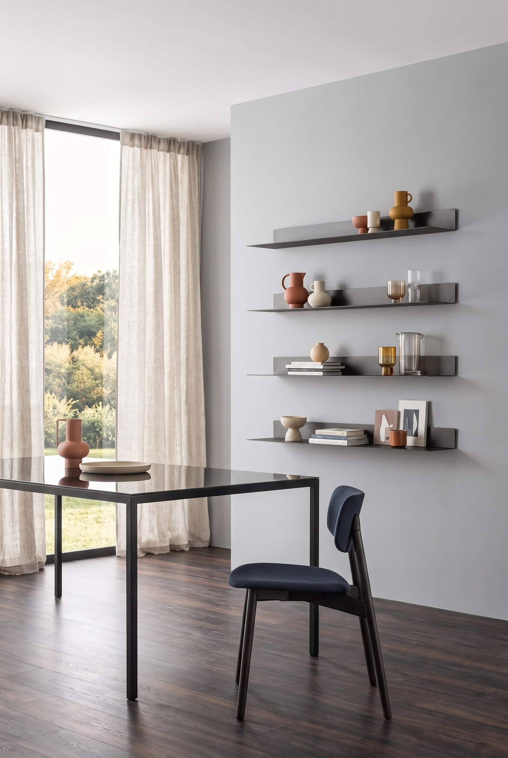 Minimalist dining room with metal wall shelves above a dark dining table and small ceramic objects