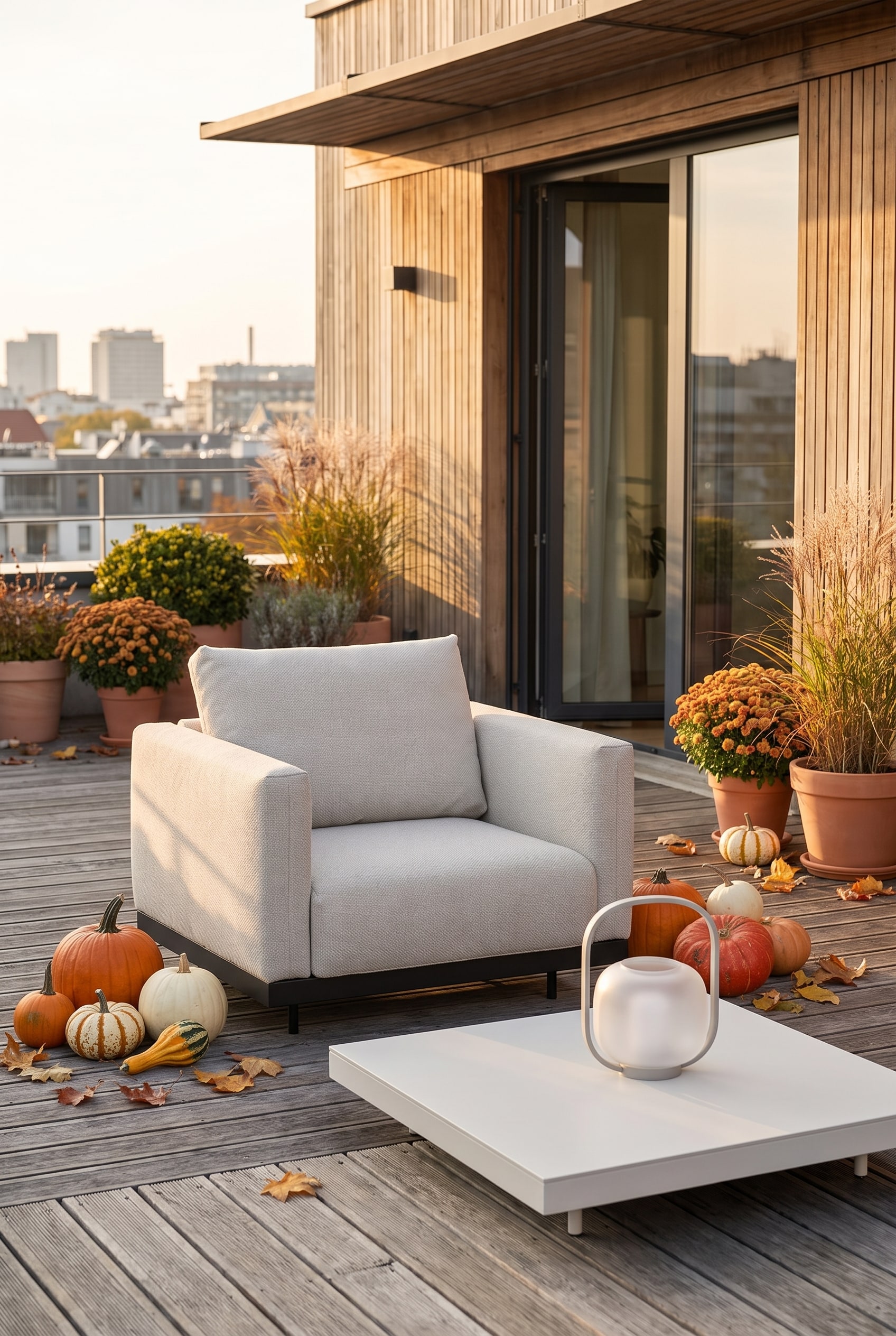 Deux fauteuils de jardin l&eacute;gers blancs en aluminium avec des coussins gris plac&eacute;s de mani&egrave;re flexible sur une terrasse en bois
