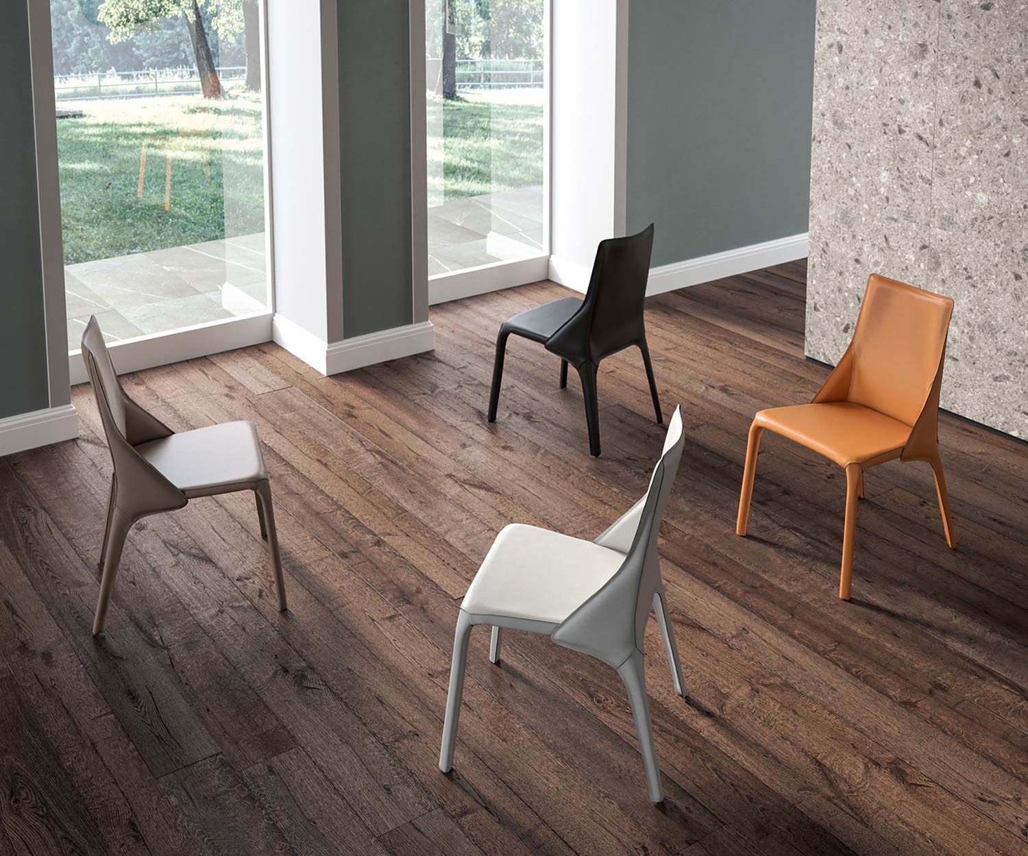 Moderner Design Lederstuhl vier Lederstühle in einem Zimmer auf Holzfußboden aufgestellt