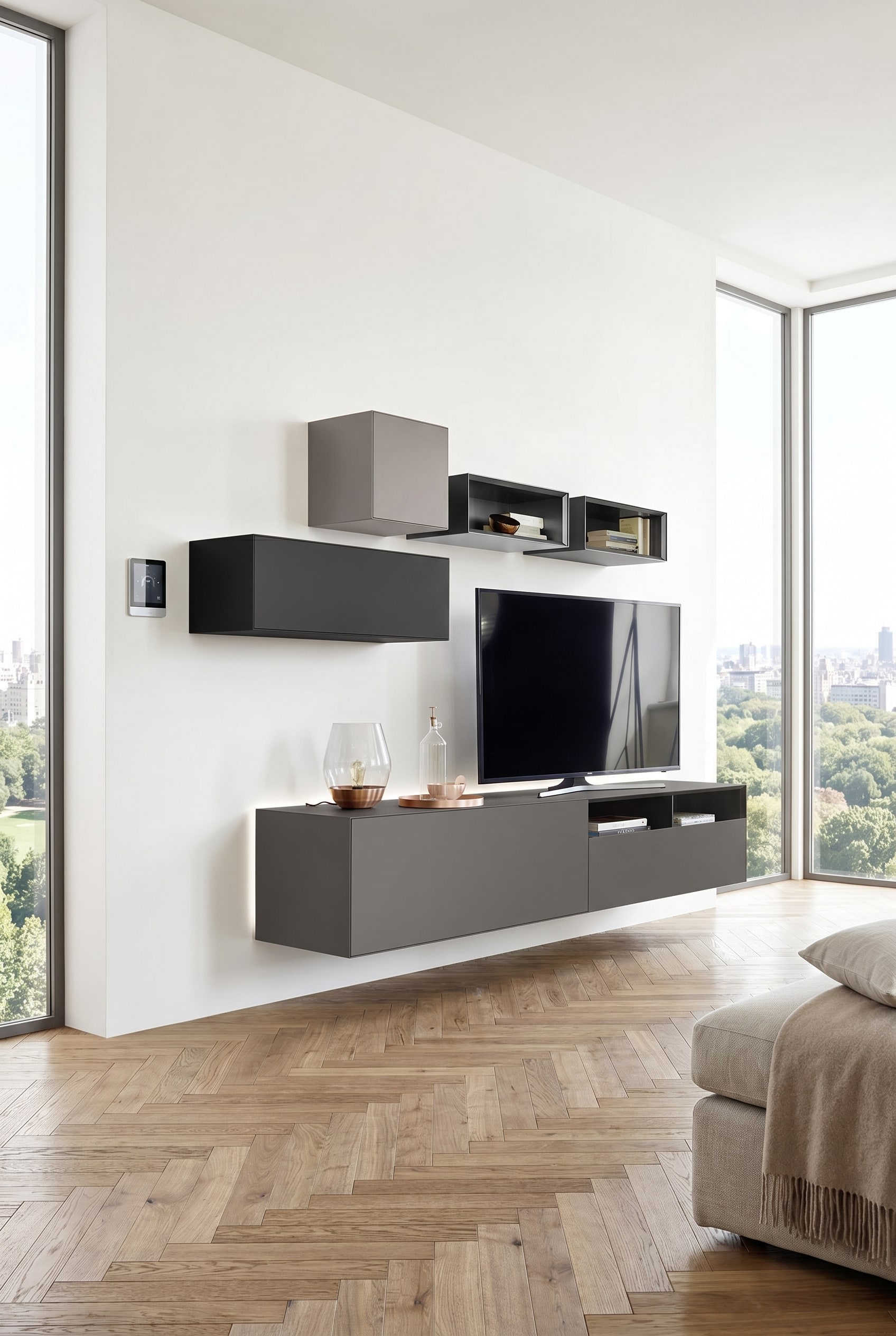 Minimalistische zwevende wandkast, waaronder de vloer volledig vrij is voor robotstofzuigers.