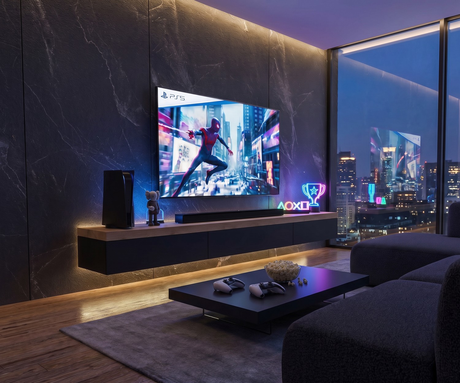 Hängendes Livitalia Lowboard mit dicker Holzplatte Lowboard im Wohnzimmer: Hängendes Livitalia Lowboard mit dicker Holzplatte und dunkler Front in modernem Gaming-Wohnzimmer