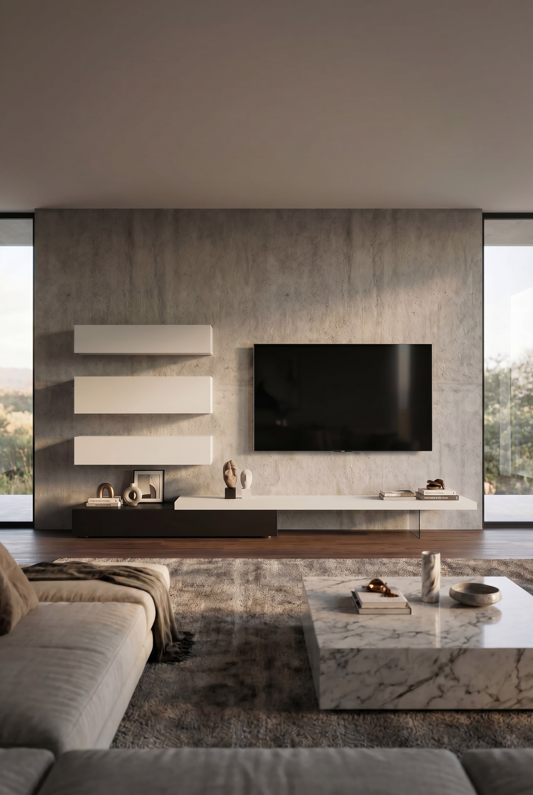Minimalistische woonkamer met het zwevende Livitalia wandmeubel C107