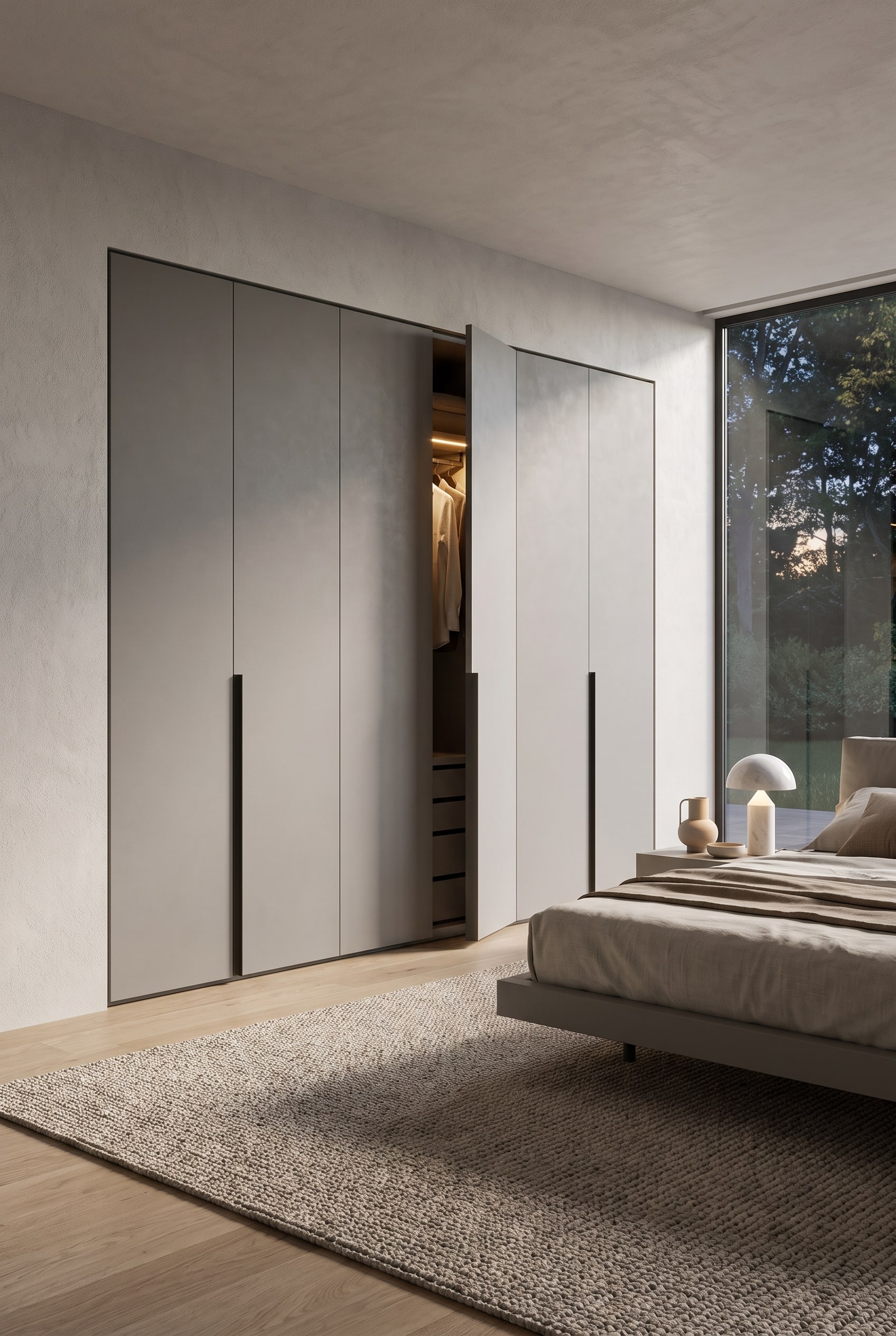 Moderne design kledingkast met elegante, zichtbare metalen handgrepen in de luxueuze slaapkamer
