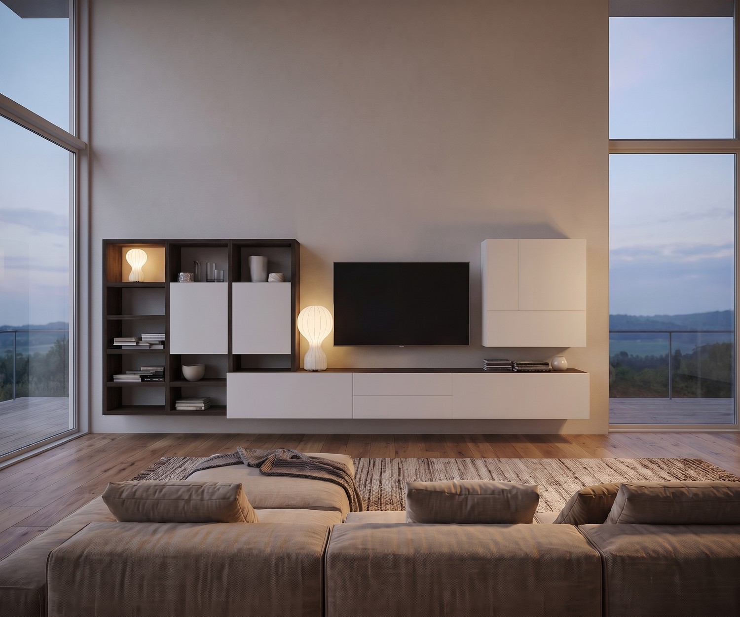 Livitalia Wohnwand C96B mit hängendem Lowboard und Hängeschränken in Weiß Matt und Eiche Braun im modernen Wohnzimmer.