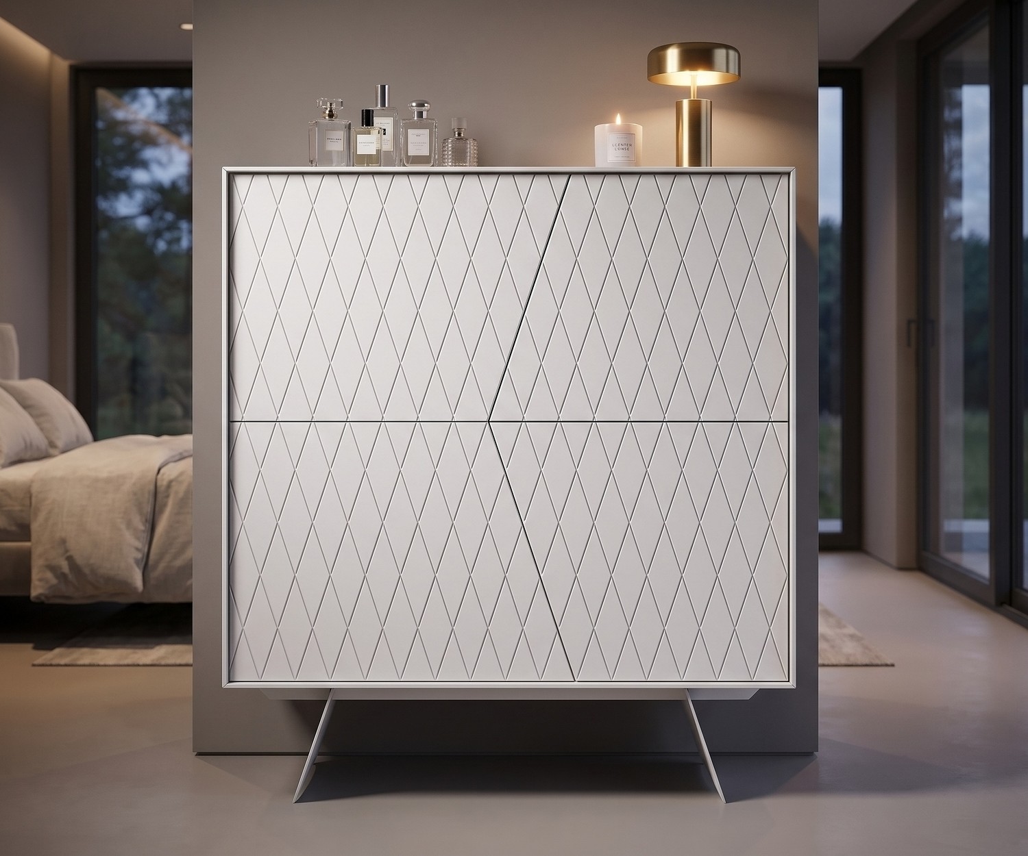 al2 e-klipse 009 Highboard fürs Schlafzimmer in Weiß mit modernem Rautenmuster und filigranen Beinen.